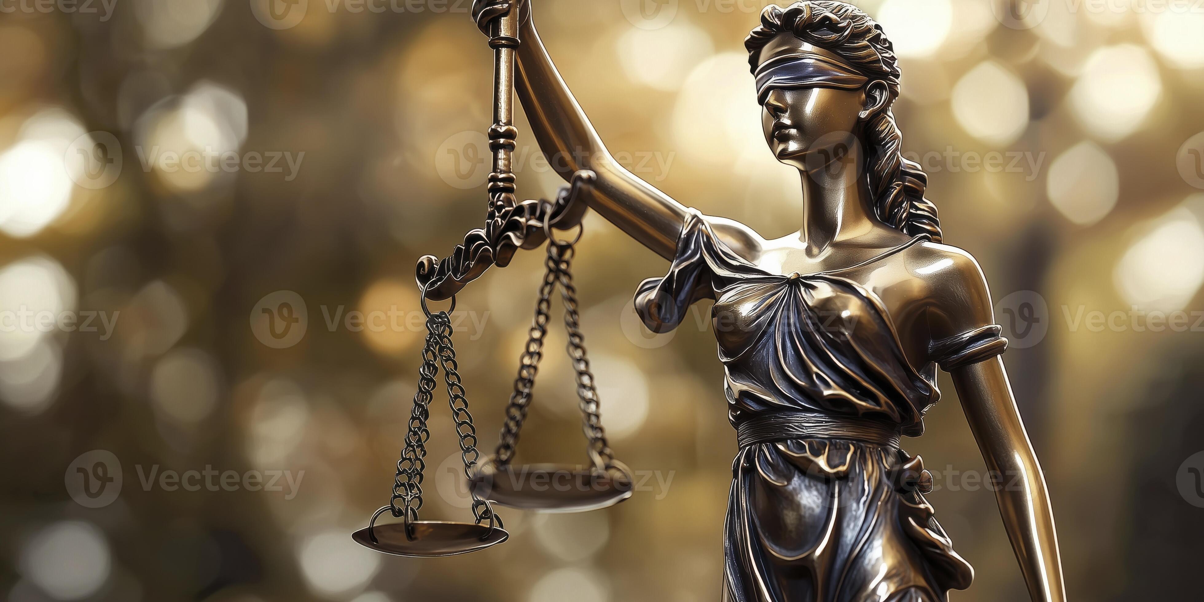 3920x1960 Lady Justice bronze statue holding scales with blurred bokeh golden background