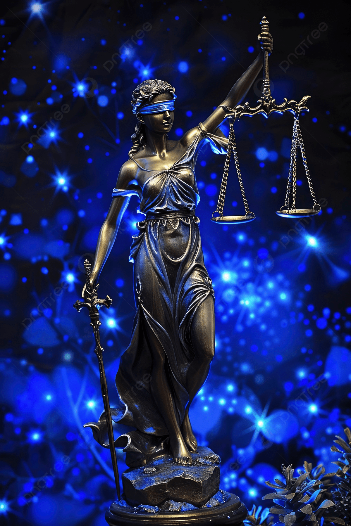 1200x1800 Lady Justice Statue Holding Scales With Blue Glowing Stars Of Galaxy In Background Photo And Picture For Free Download