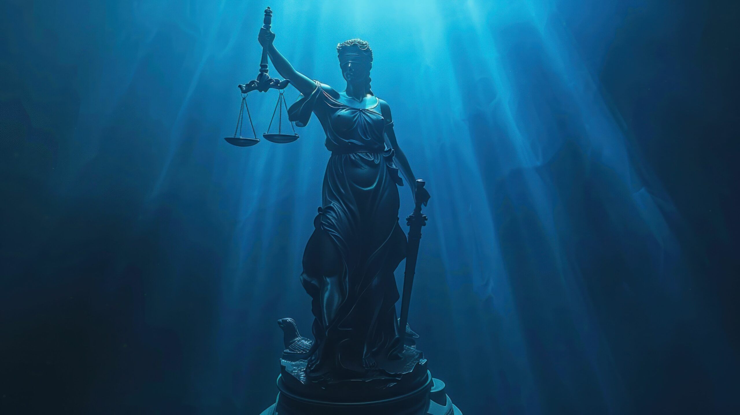 2560x1435 Lady justice statue standing in water with rays of light reflecting travel and beauty symbols of law and justice Wilson Real Estate Attorney San Antonio