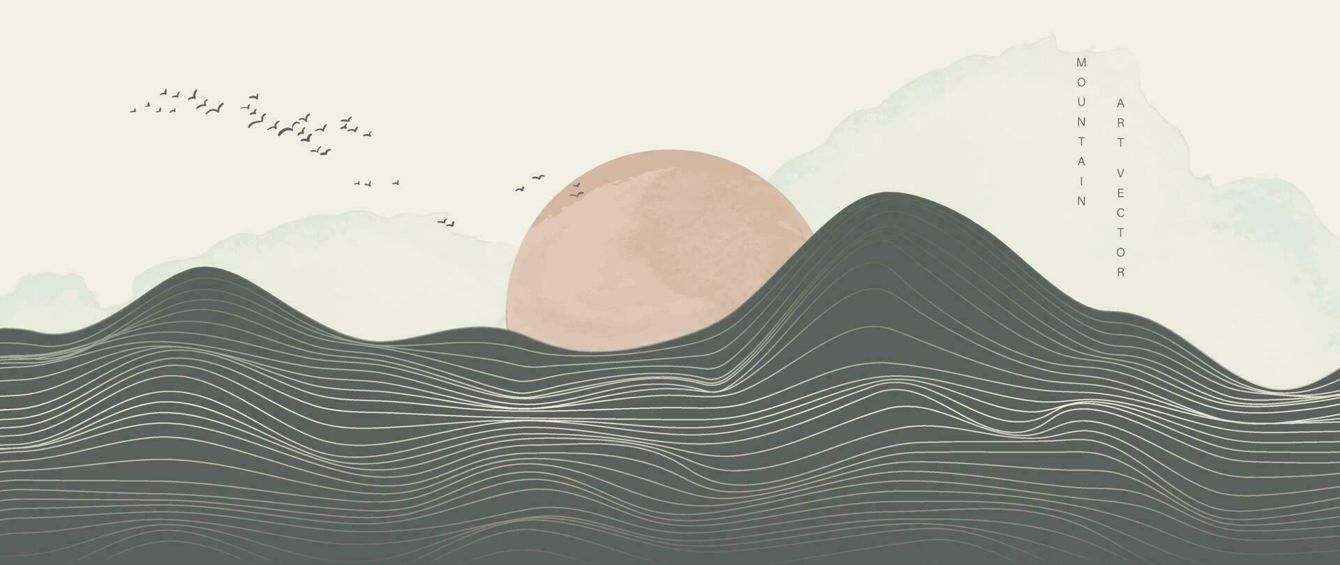 1920x810 Mountain in oriental style background vector. Chinese landscape with wavy lines, birds, hills, sun, watercolor texture. Minimal art wallpaper design for print, wall art, cover and interior