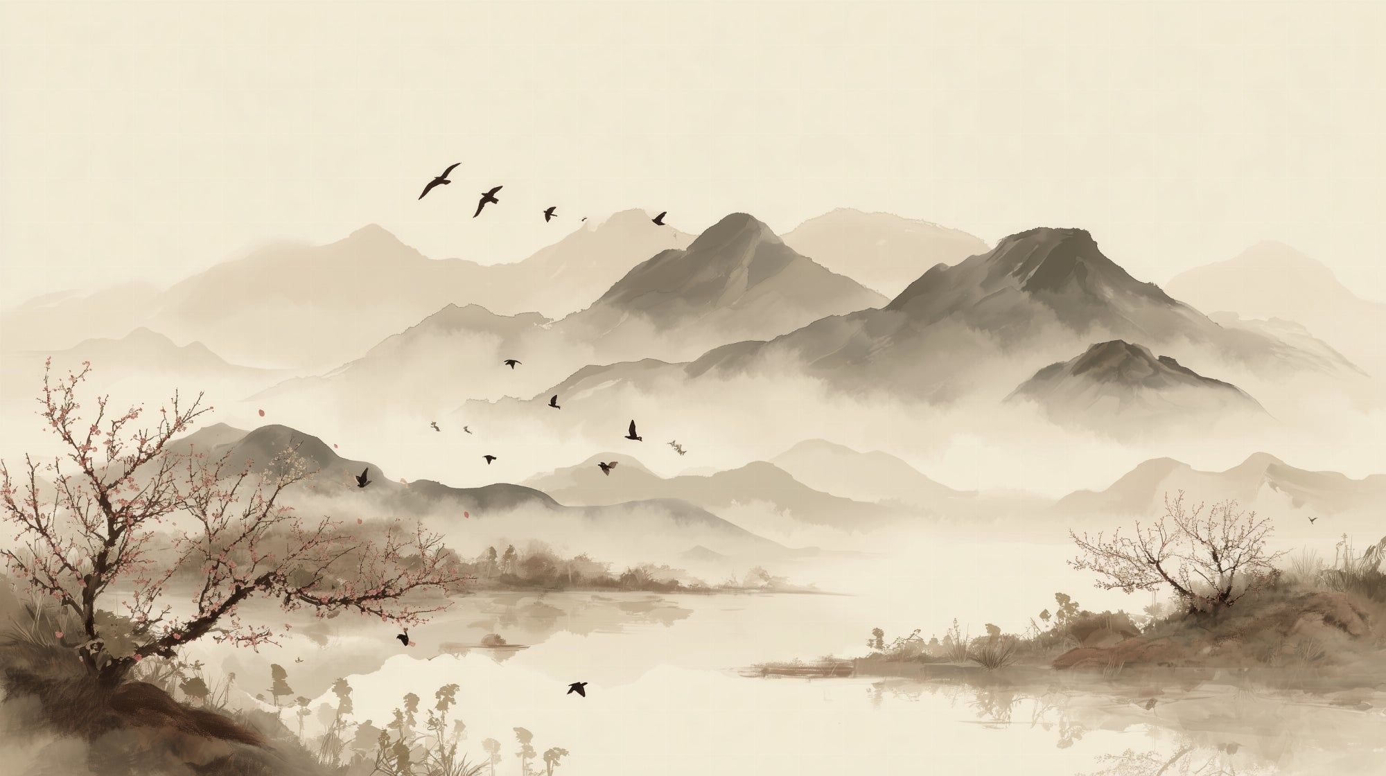2000x1120 Mural Wallpaper landscape mountain. Traditional Chinese painting