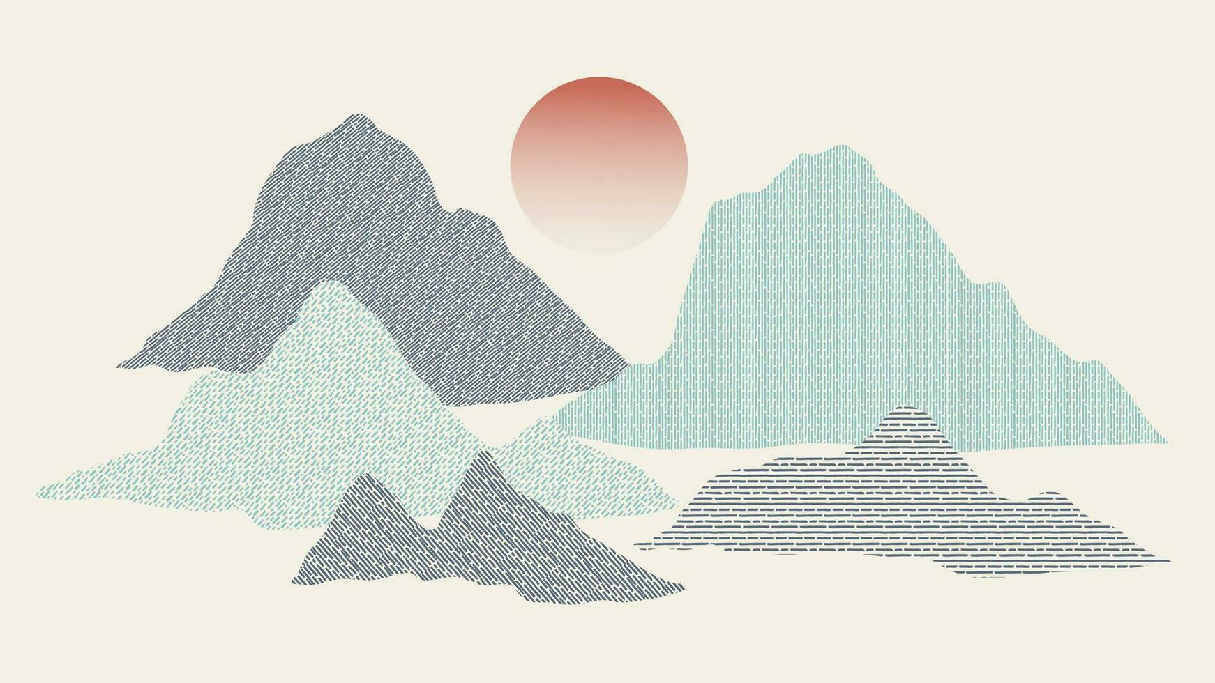 1742x980 Mountain in oriental style background vector. Chinese landscape with dot pattern, hills, sun, line art, Japanese pattern. Minimal mountains art wallpaper design for print, wall art, cover and interior. 26417980 Vector Art