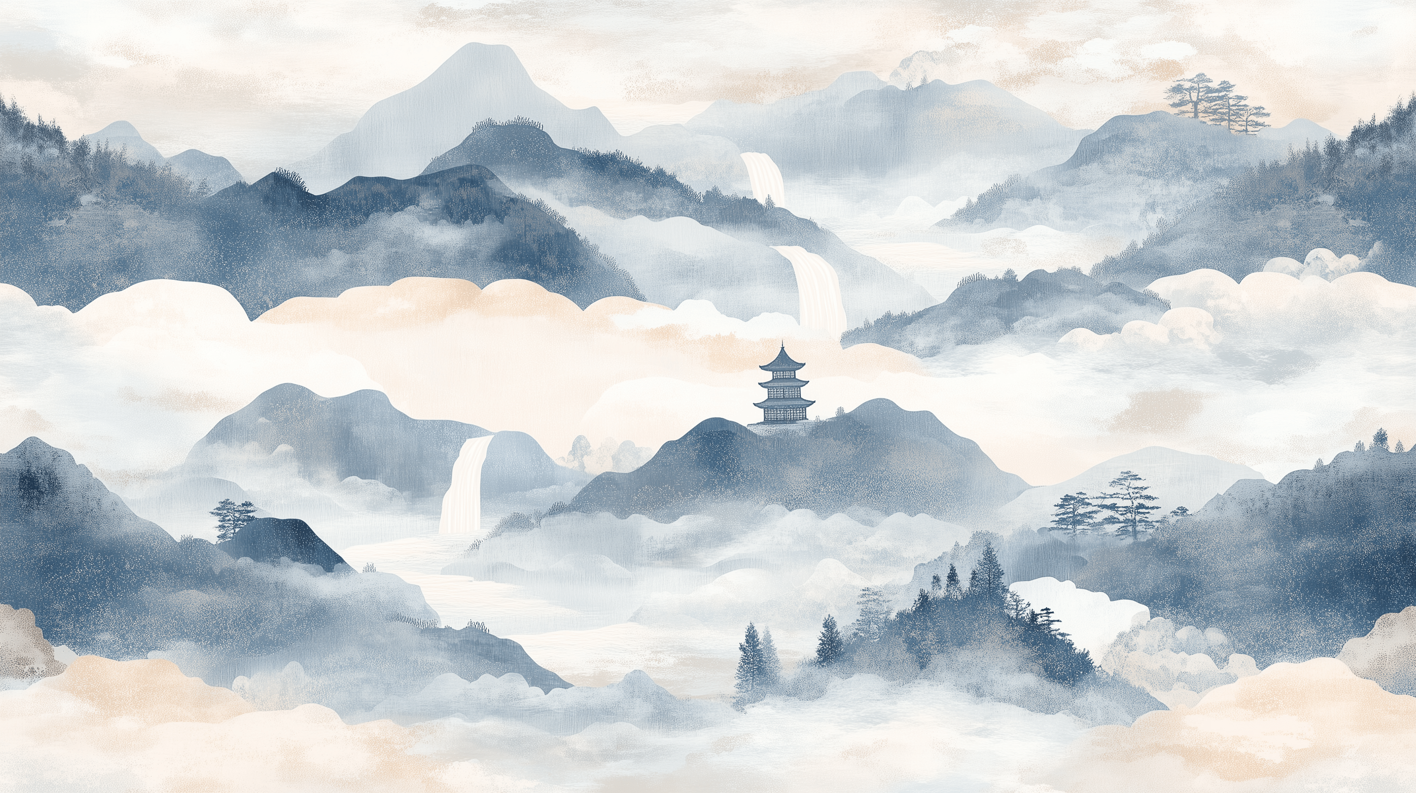 2912x1632 Soft Blue And White Landscape Mural Mountains Wallpaper Peel & Stick PVC Free / 150W X 108H