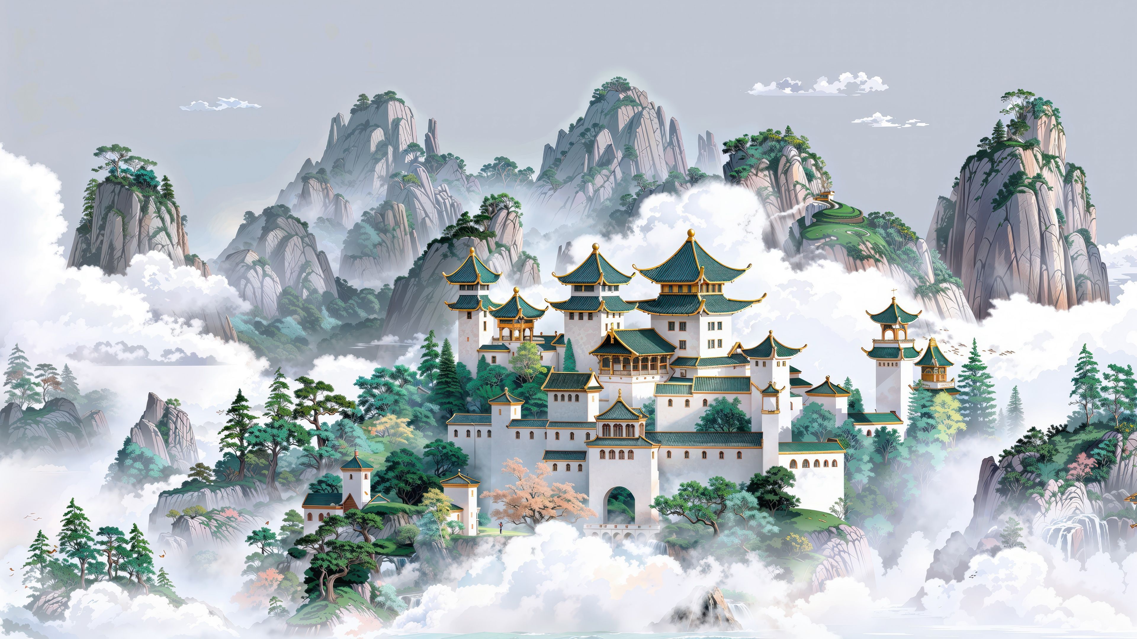 3840x2160 Chinese architecture Wallpaper 4K, Temple, Clouds, Mountains, Asian