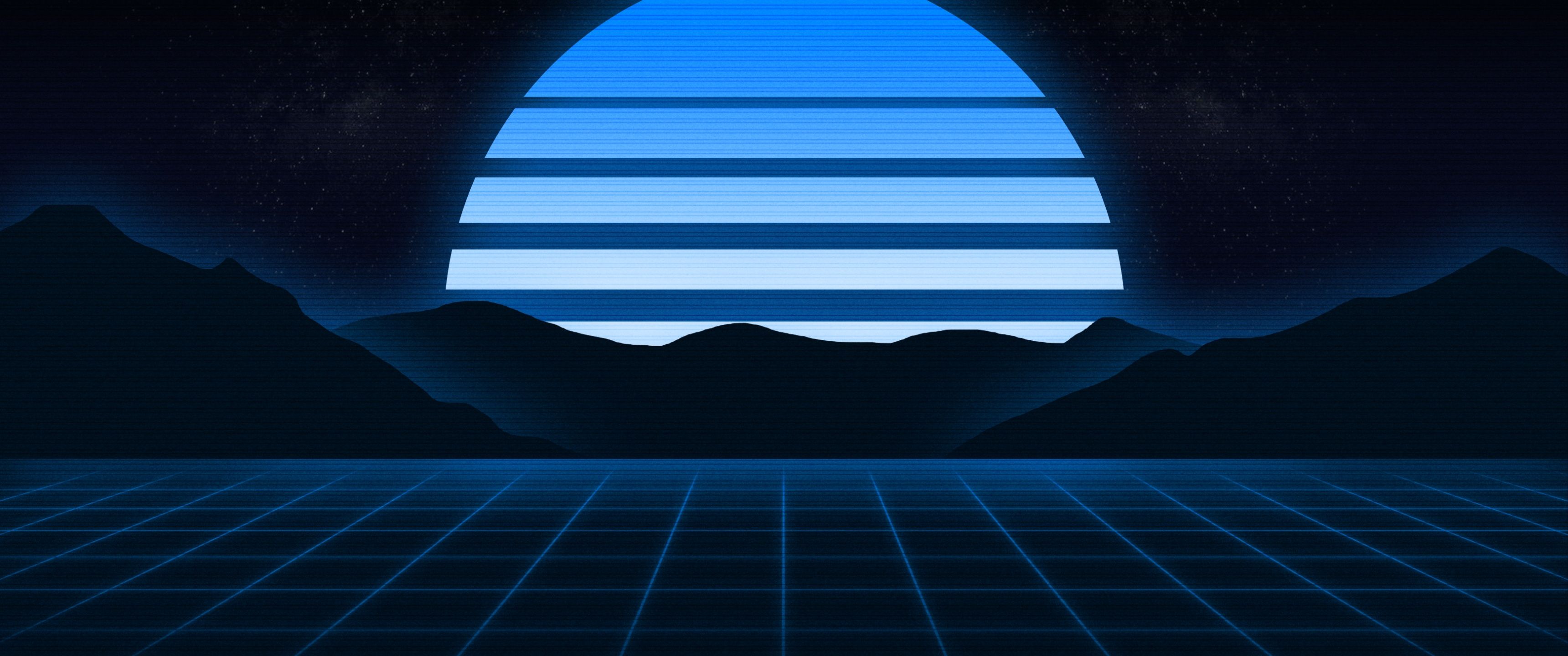 3440x1440 Blue aesthetic Wallpaper 4K, RetroWave art, Sunset, Outrun