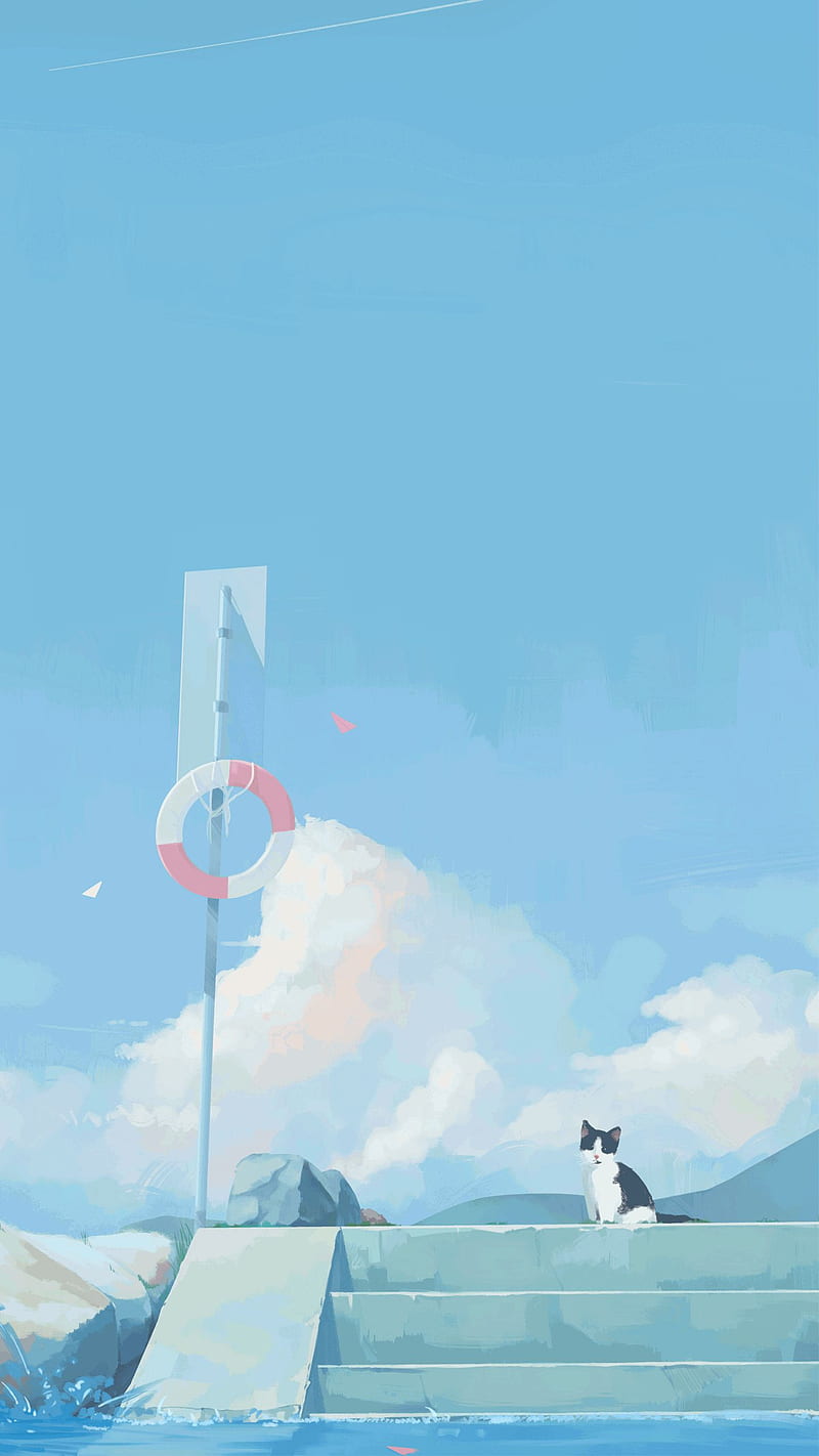 800x1422 Anime, sky, simple background, cats, cyan, HD phone wallpaper