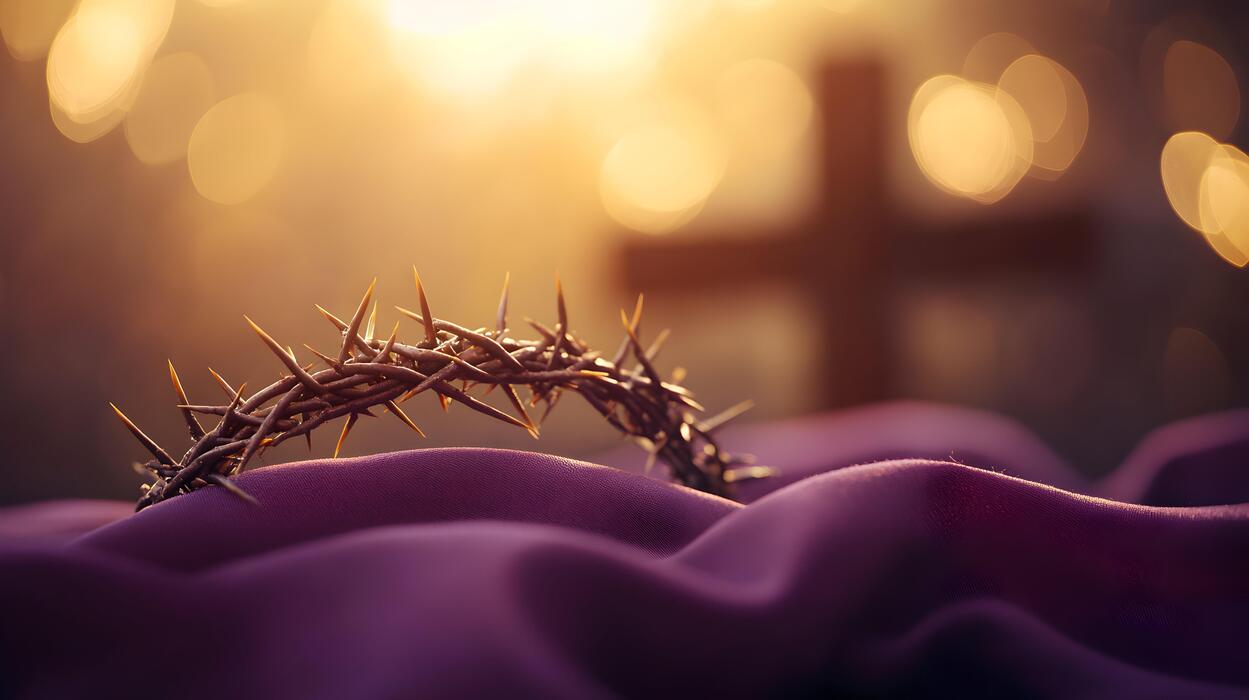 1249x700 Crown of thorns resting on purple fabric with a blurred cross background display