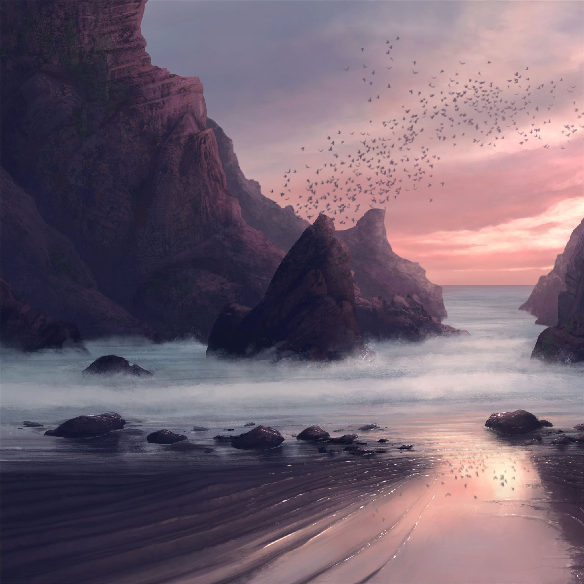 2048x2048 beach seaside digital painting 4k iPad Air Wallpaper Free Download