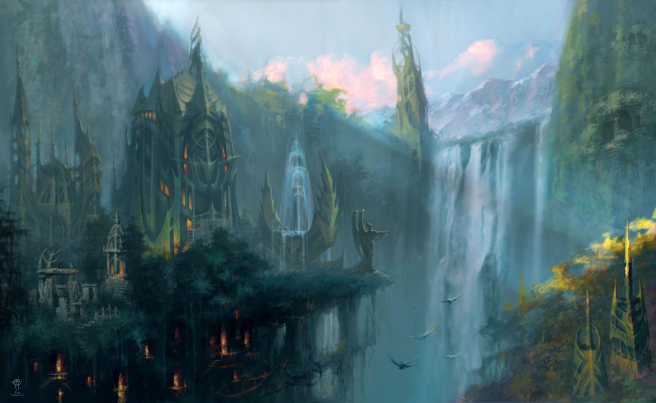 2480x1525 Download desktop wallpaper Elven city. Elven city, Fantasy city, Fantasy landscape