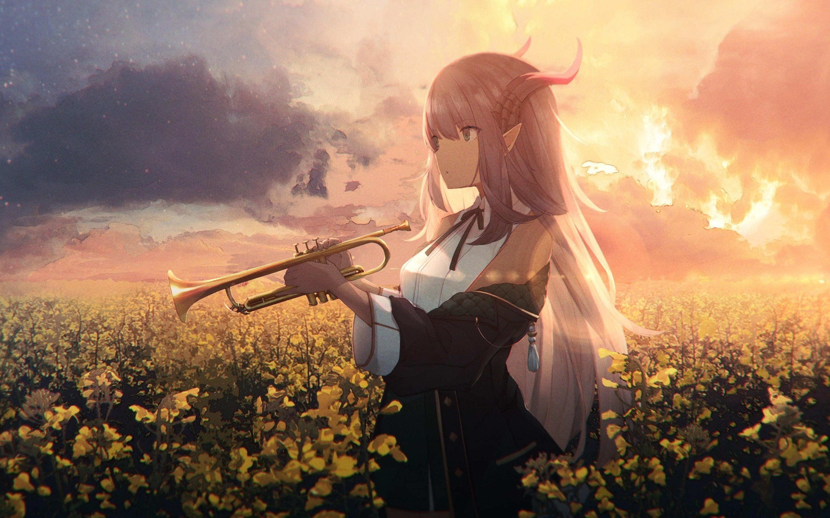 2880x1800 Download 2880x1800 Anime Girl, Trumpet, Anime Landscape, Elf Ears, Horns, Scenery, Instrument Wallpaper for MacBook Pro 15 inch