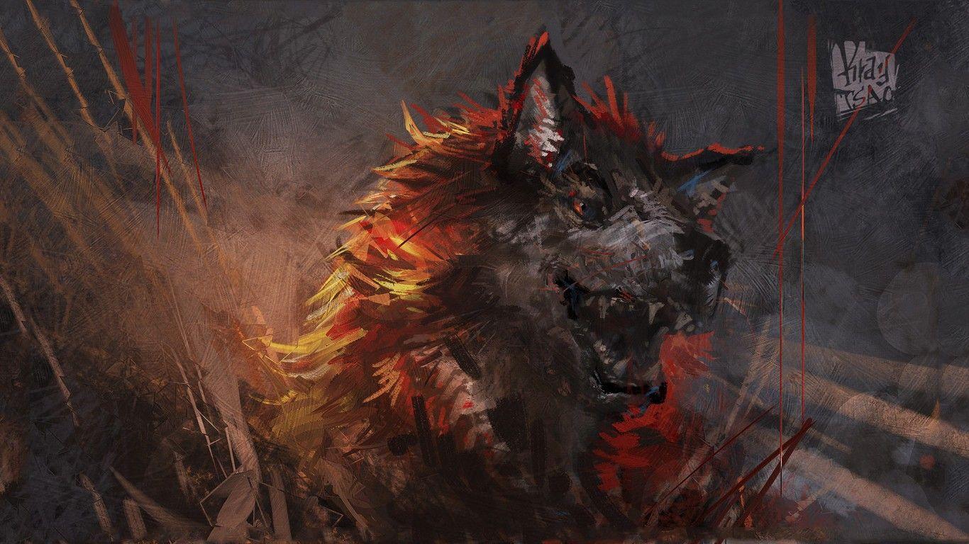 1366x768 beast, artwork, drawings, fangs, wolves, Kray Tsao wallpaper
