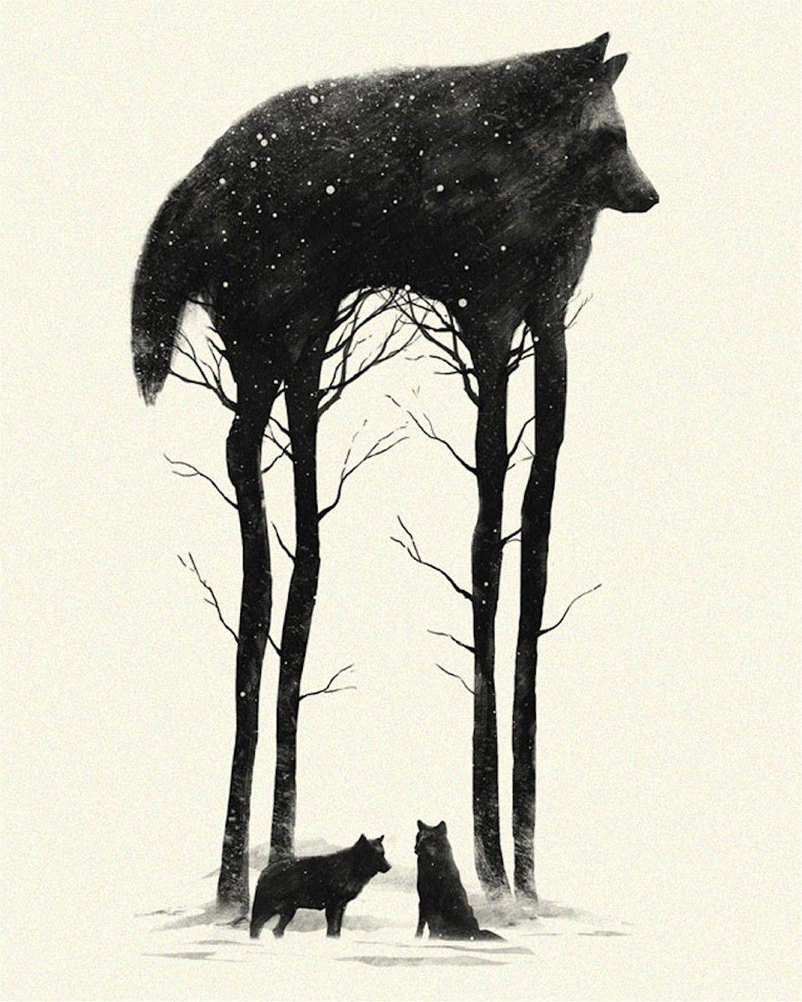 1147x1433 black and white, snow, trees, artwork, drawings, white background, wolves, surreal art, Dan Burgess wallpaper