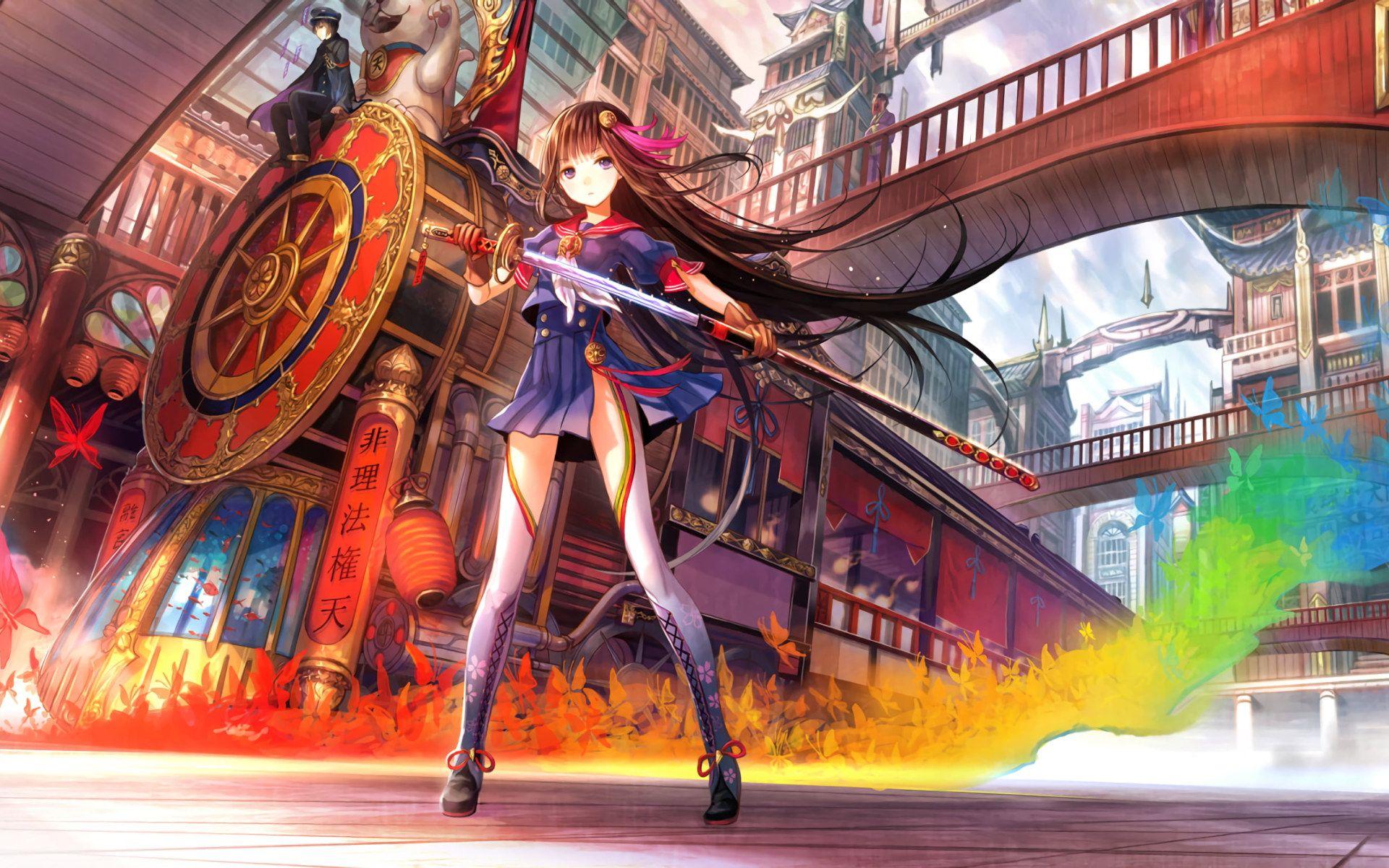 1920x1200 Girly Wallpaper • Female anime character holding sword, train, anime girls, oriental wallpaper • Wallpaper For You The Best Wallpaper For Desktop & Mobile