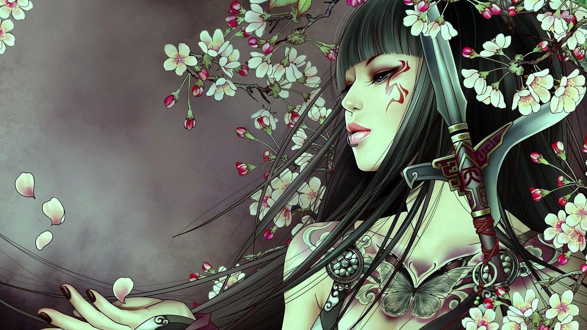 1920x1080 tattoos, women, fantasy, fantasy art, digital art, oriental, anime, manga, anime girls, swords, tattooed wallpaper