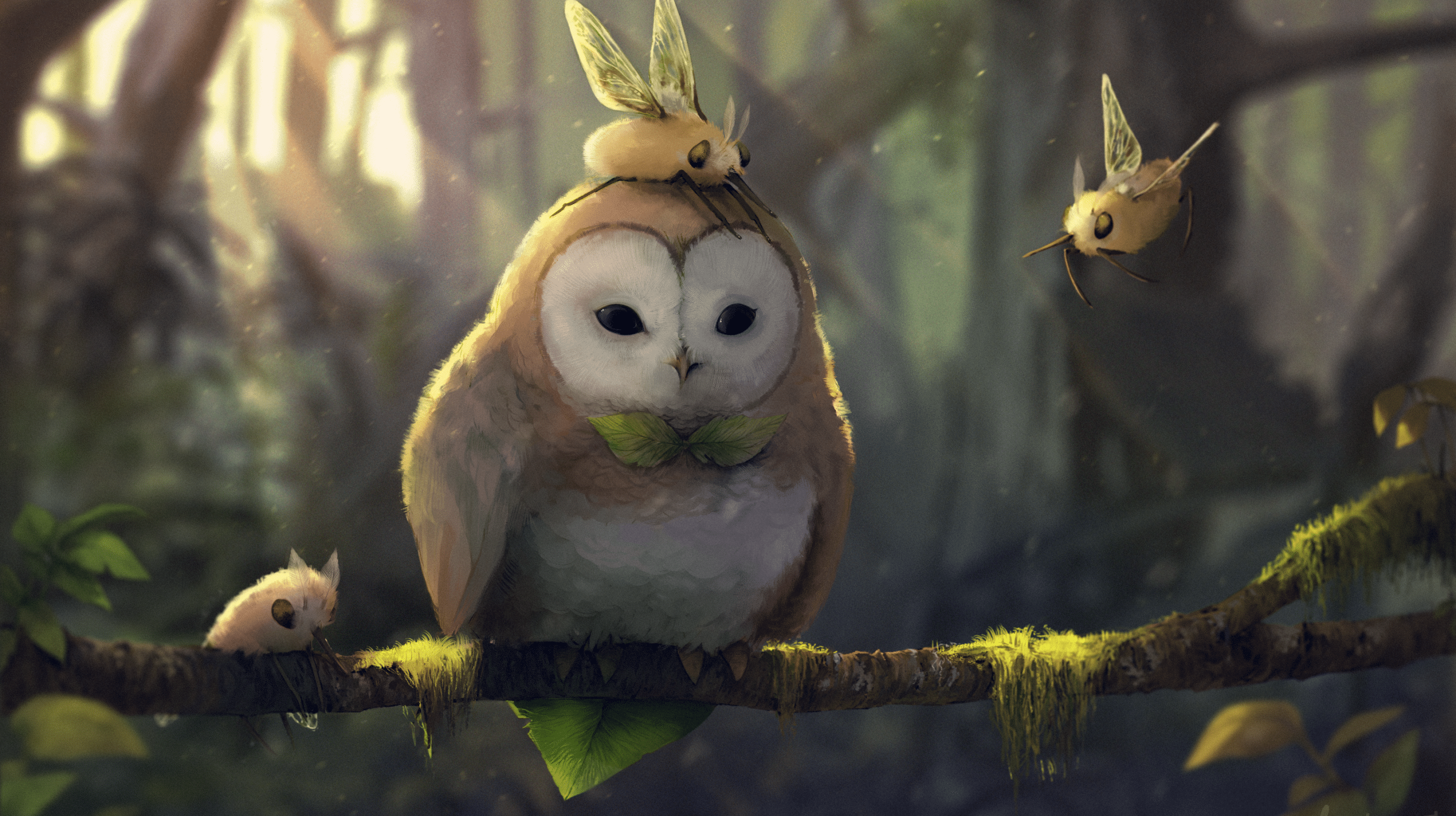 2749x1540 Download 2749x1540 Owl, Insects, Artwork, Forest, Sunbeam, Painting, Branch Wallpaper