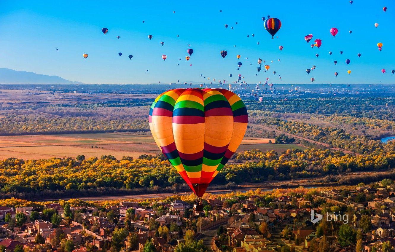 1332x850 Wallpaper trees, balloon, river, panorama, USA, New Mexico, Albuquerque International Balloon Fiesta image for desktop, section пейзажи