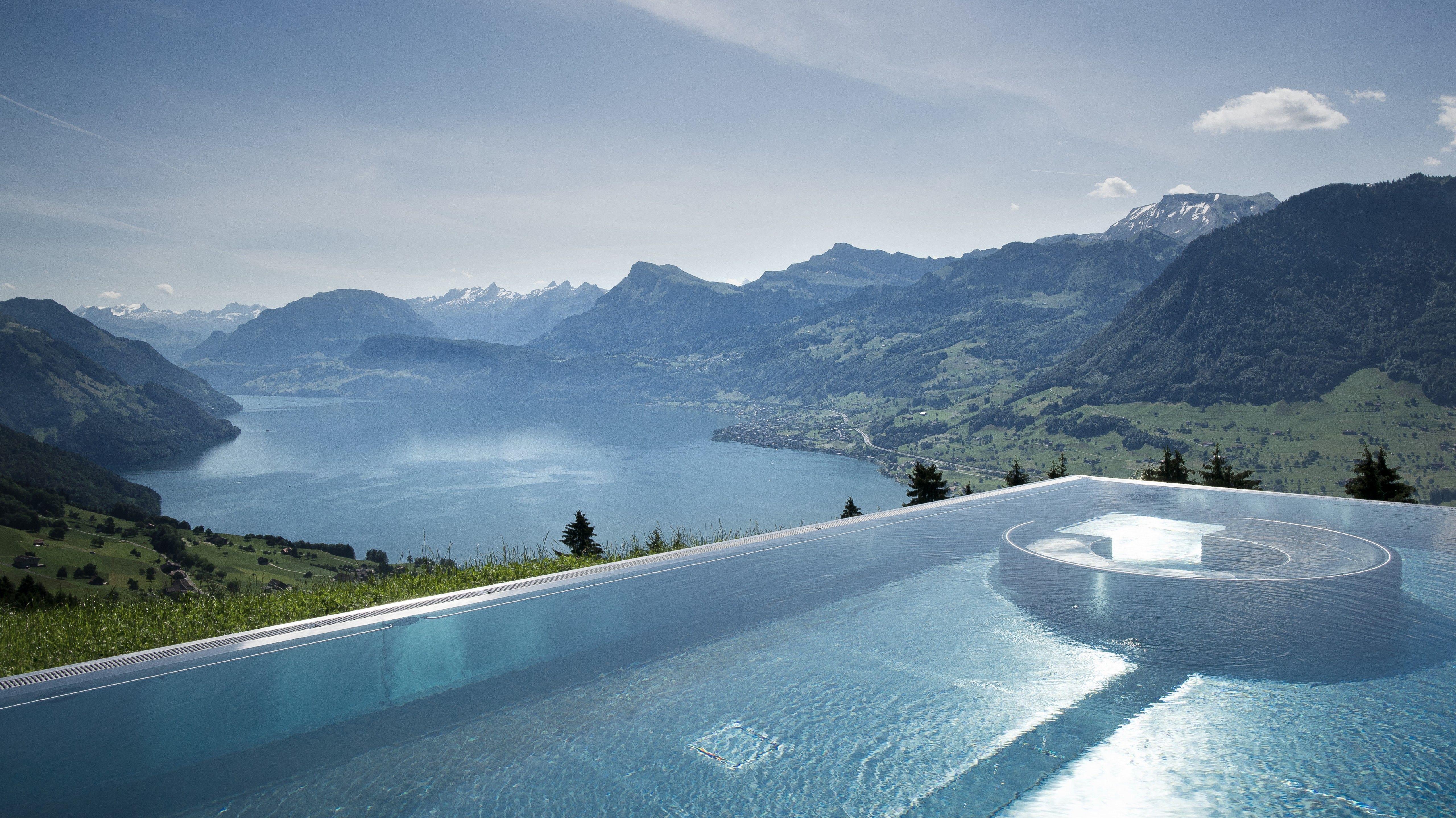 5120x2880 Wallpaper Hotel Villa Honegg, 5k, 4k wallpaper, 8k, Bürgenstock, Switzerland, infinity pool, pool, travel, tourism, Nature