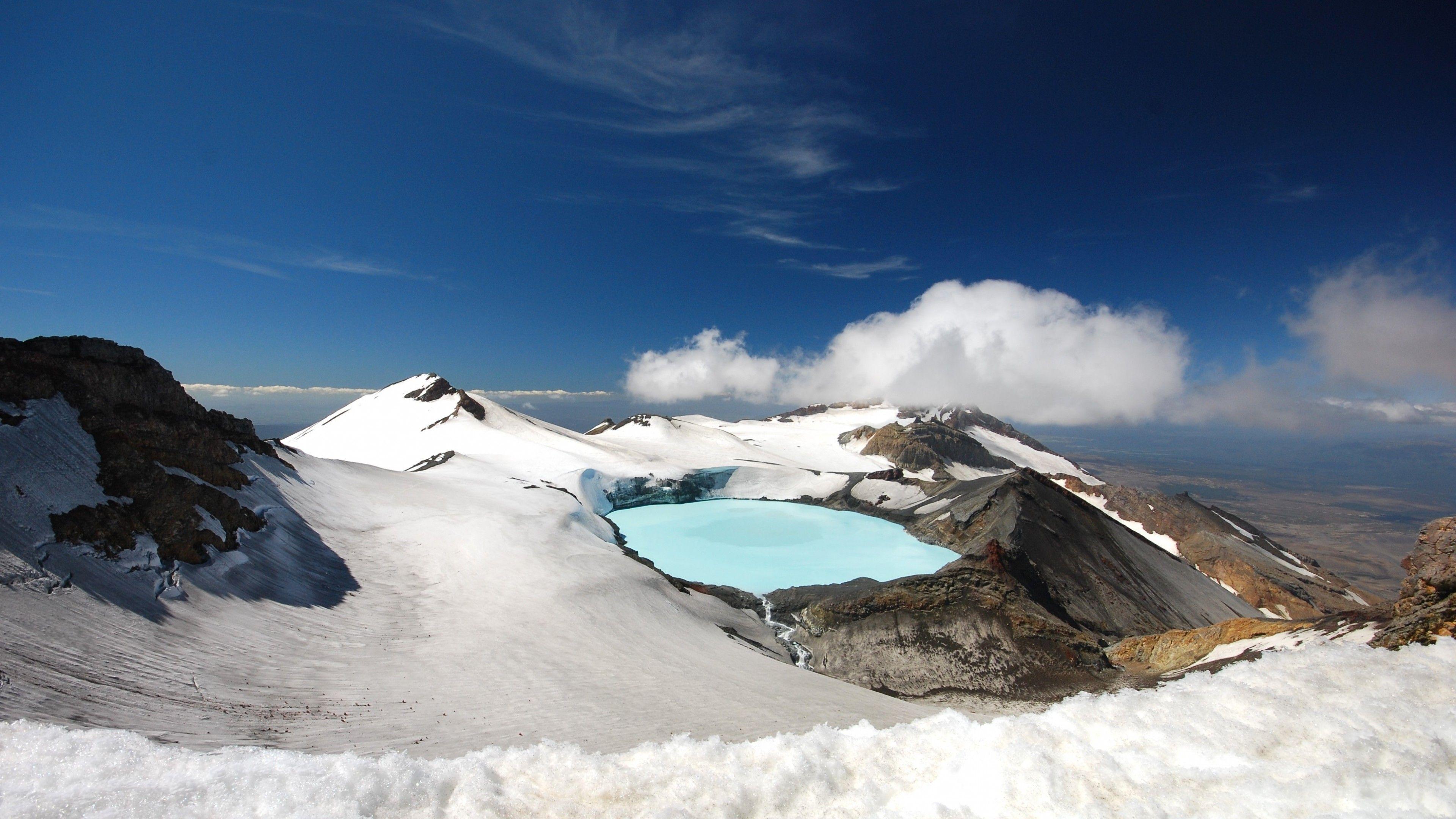 3840x2160 Wallpaper Tongariro, New Zealand, lake, clouds, sky, mountains, snow, 4k, Nature