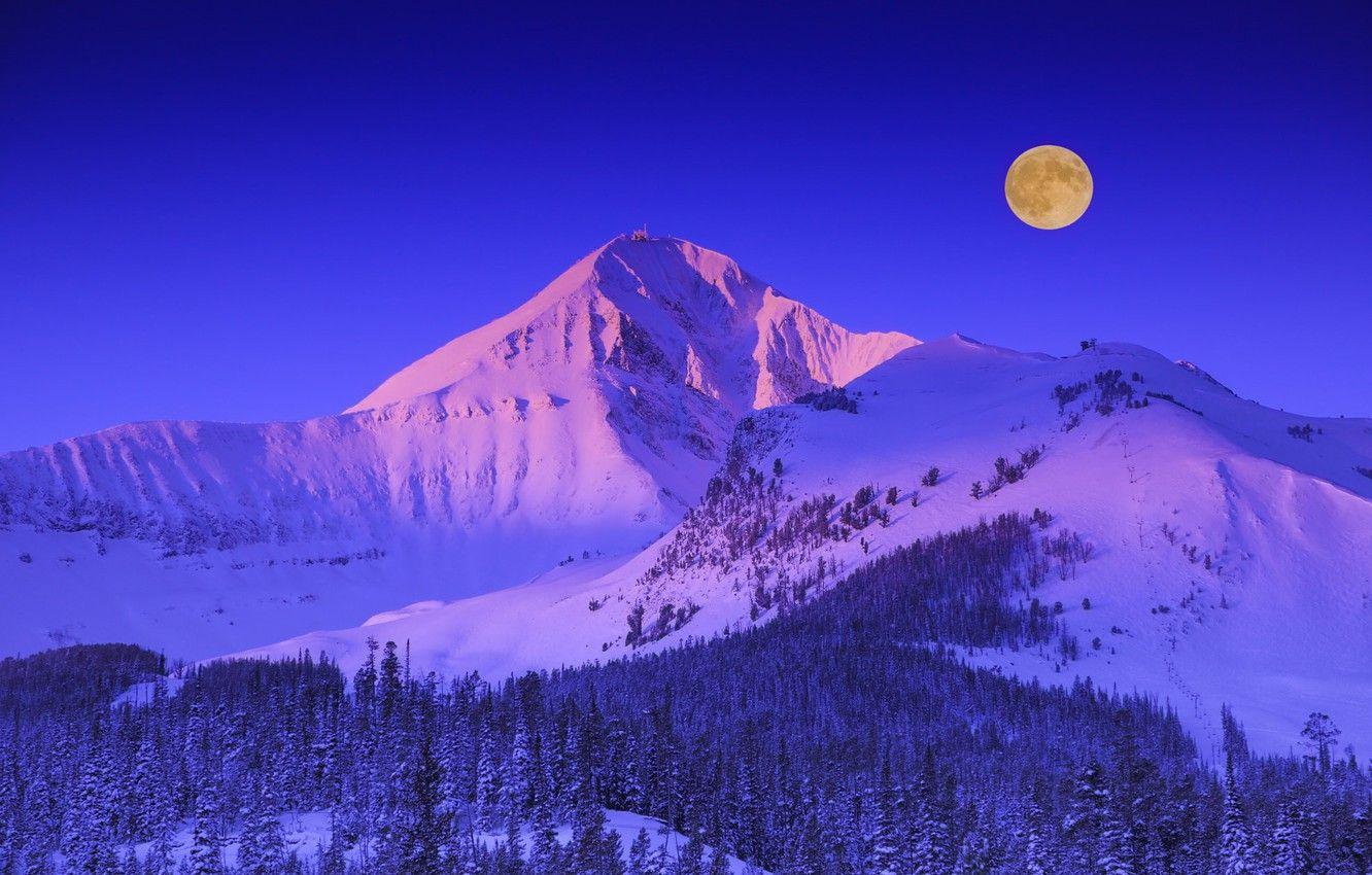 1332x850 Wallpaper winter, forest, the sky, snow, trees, mountains, the moon, Montana, USA image for desktop, section пейзажи