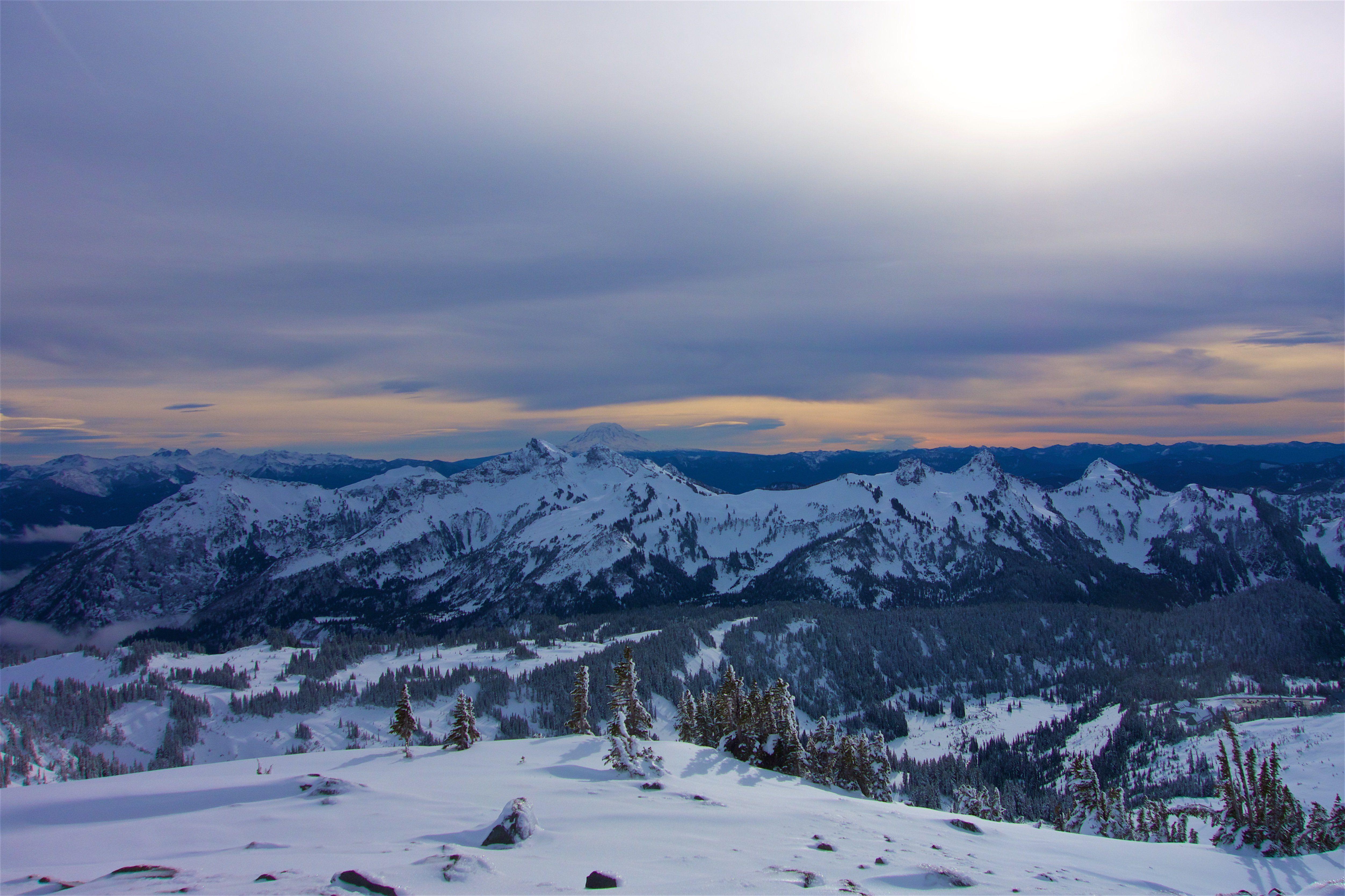 5009x3339 Winter Wonderland: Waving at Mt. Adams While on Mt. Rainier. Washington State USA 4K wallpaper
