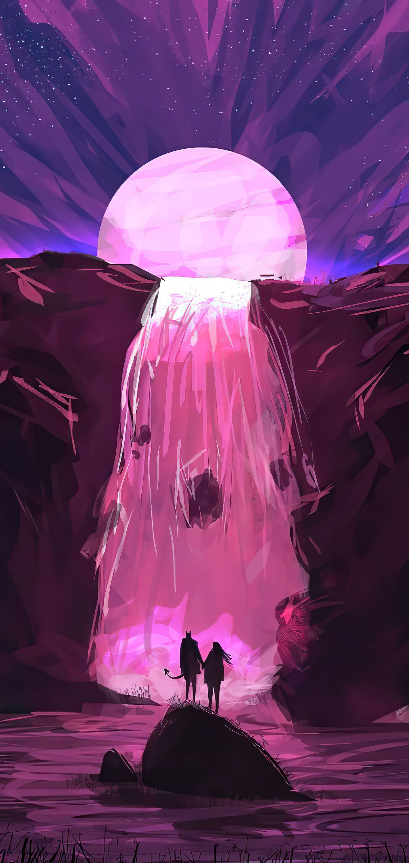 1421x3000 Wallpaper Aesthetic Magic Waterfall, Art, Anime Art, Waterfall, Drawing, Background Free Image