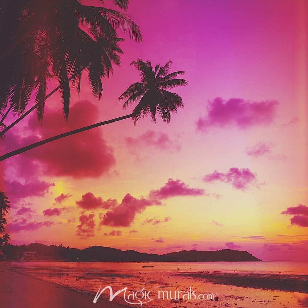 1000x1000 Pink Tropical Beach with Palm Wallpaper Mural