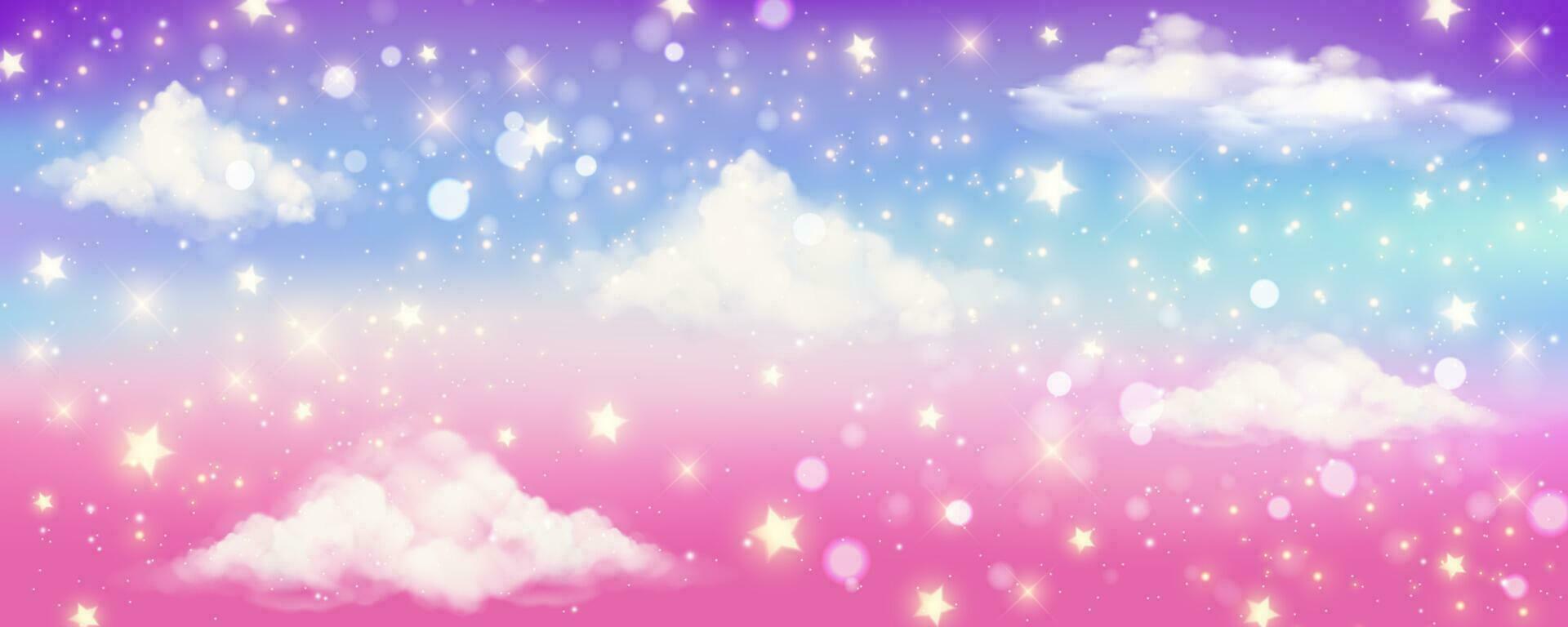 1920x768 Pink sky background with clouds and stars. Pastel color abstract dreaming illustration. Magic heaven wallpaper. Cute unicorn landscape. Vector