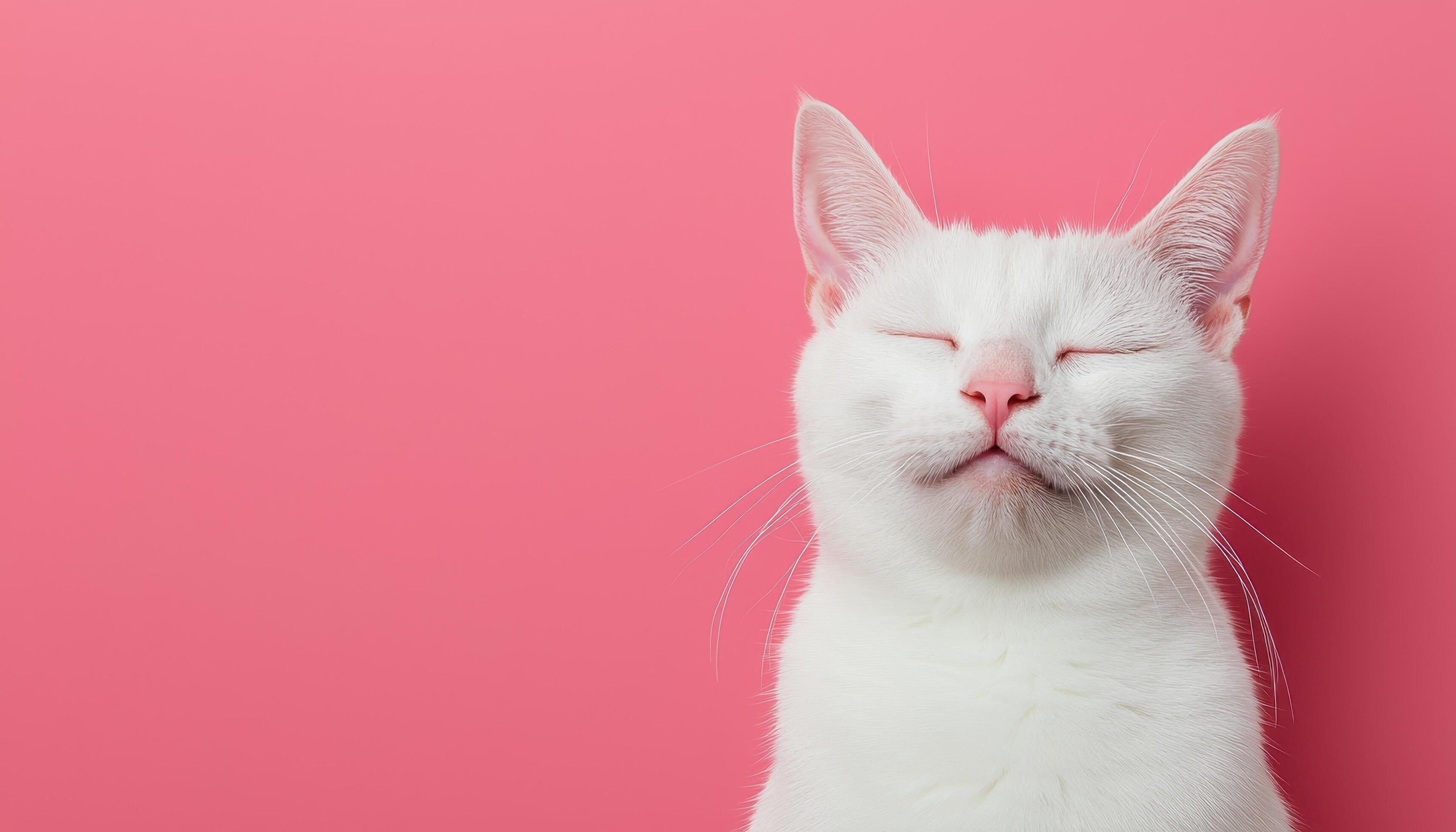 3430x1960 Playful White Cat Smiling on Pink Background with Copyspace for Text