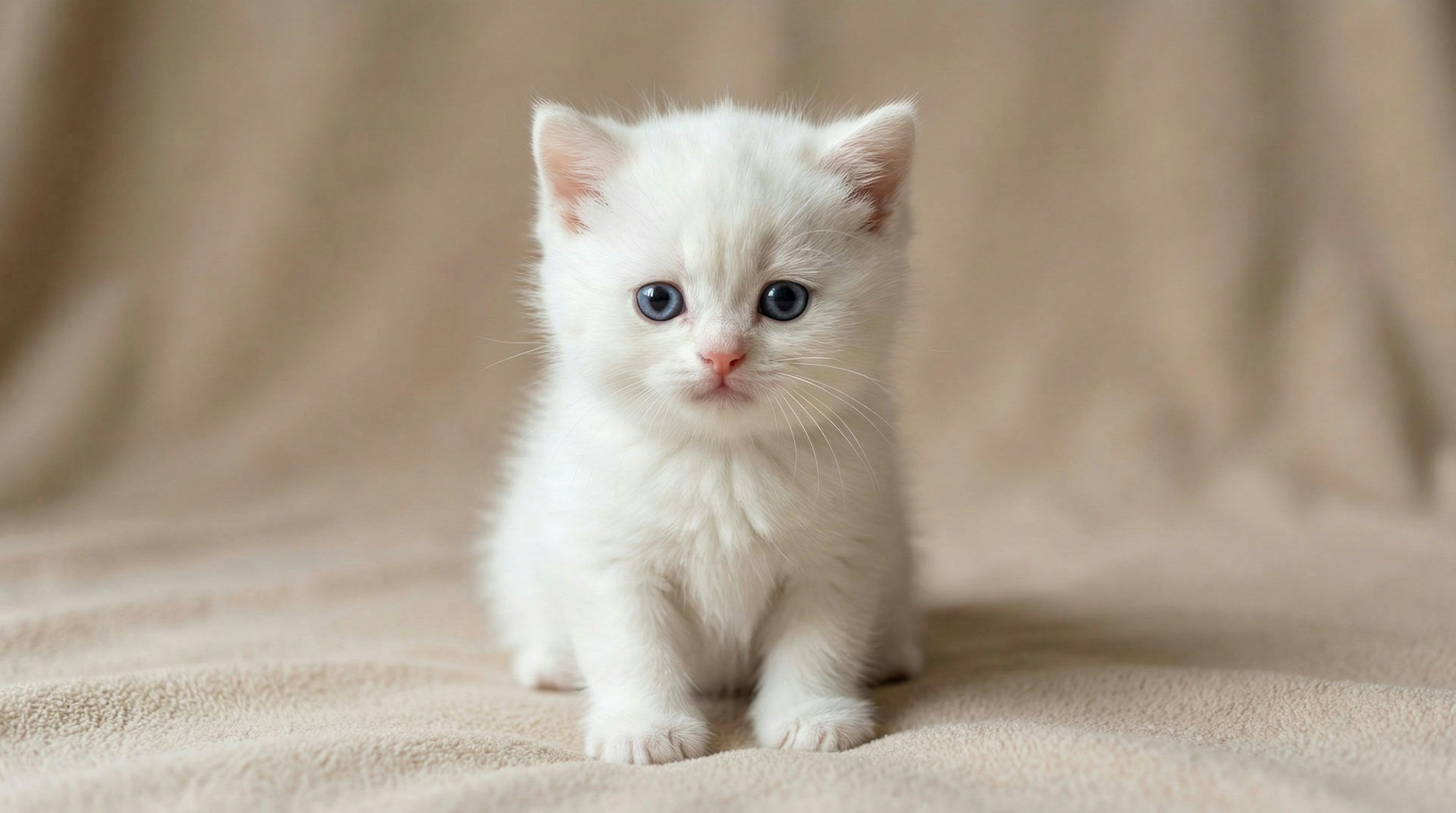 3000x1675 A fluffy white kitten sits on a neutral background. photo