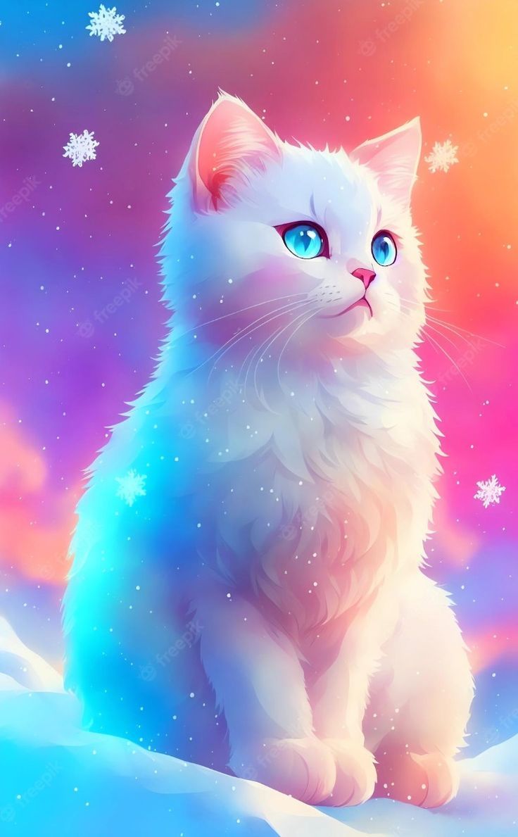 736x1189 Adorable White Cat in the Snow. Rainbow background cat image, Winter kitty wallpaper, Cute cat