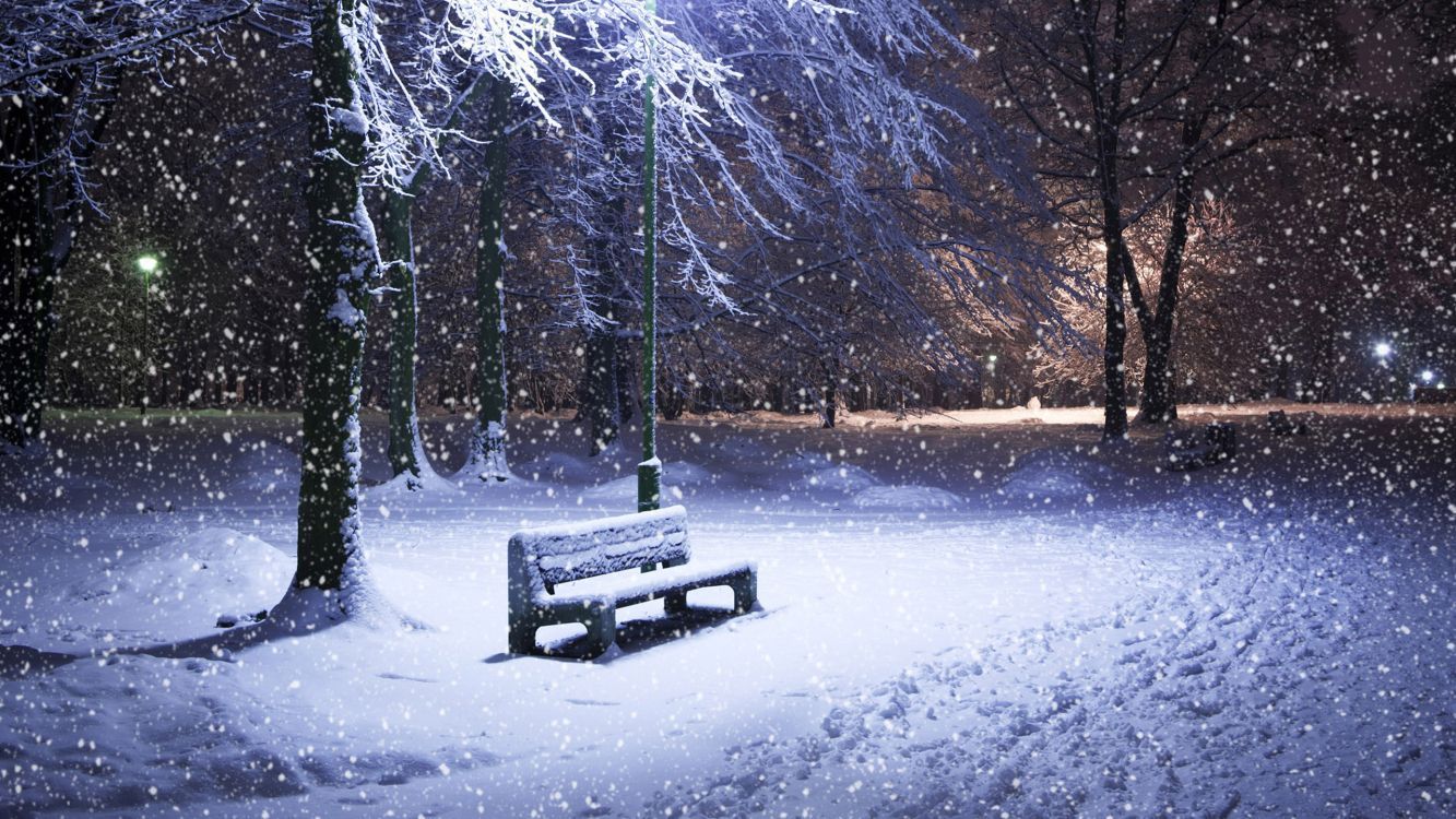 1333x750 Wallpaper Brown Wooden Bench on Snow Covered Ground, Background Free Image