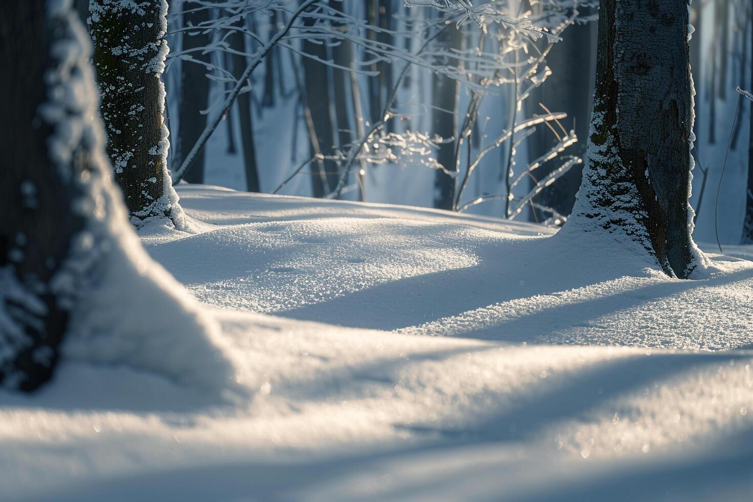 1470x980 Patterns of light and shadows on snowy forest floor with sunlight filtering through snow laden branches background