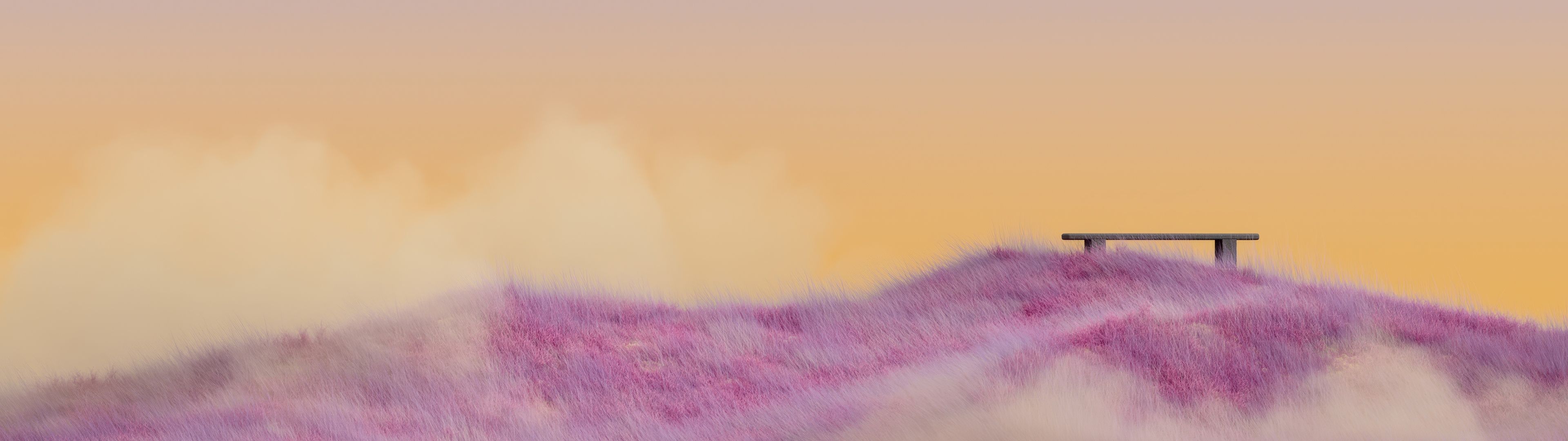 3840x1080 Pink grass Wallpaper 4K, Landscape, Sunset, Yellow sky