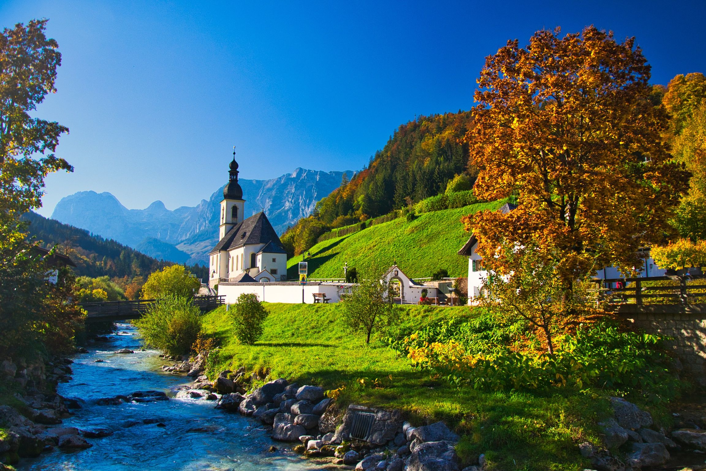 2304x1536 Wallpaper autumn, trees, mountains, river, Germany, Bayern, Church, Germany for mobile and desktop, section пейзажи, resolution 2304x1536