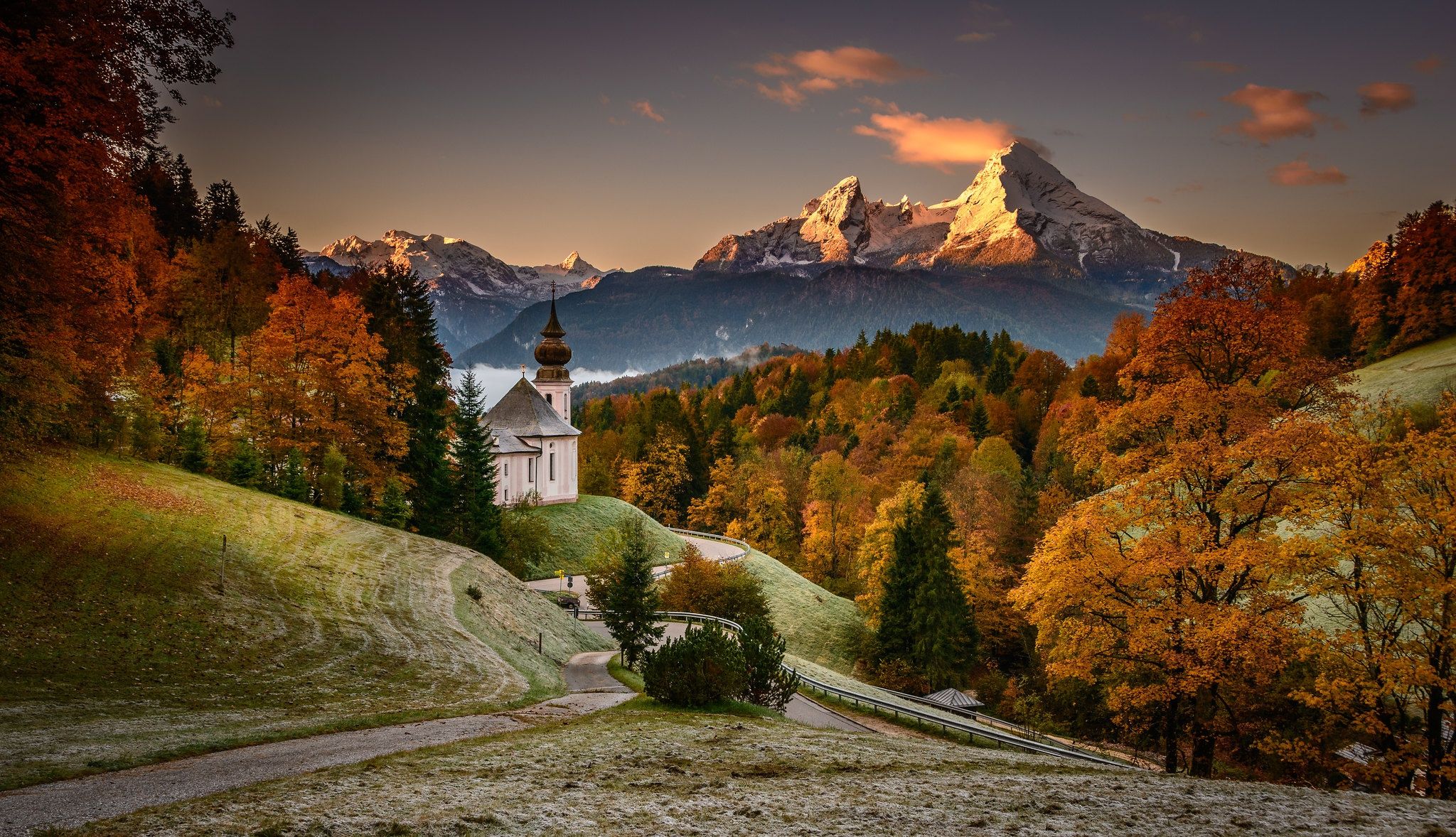 2048x1178 Wallpaper road, autumn, forest, trees, mountains, Germany, Bayern, Church for mobile and desktop, section пейзажи, resolution 2048x1178