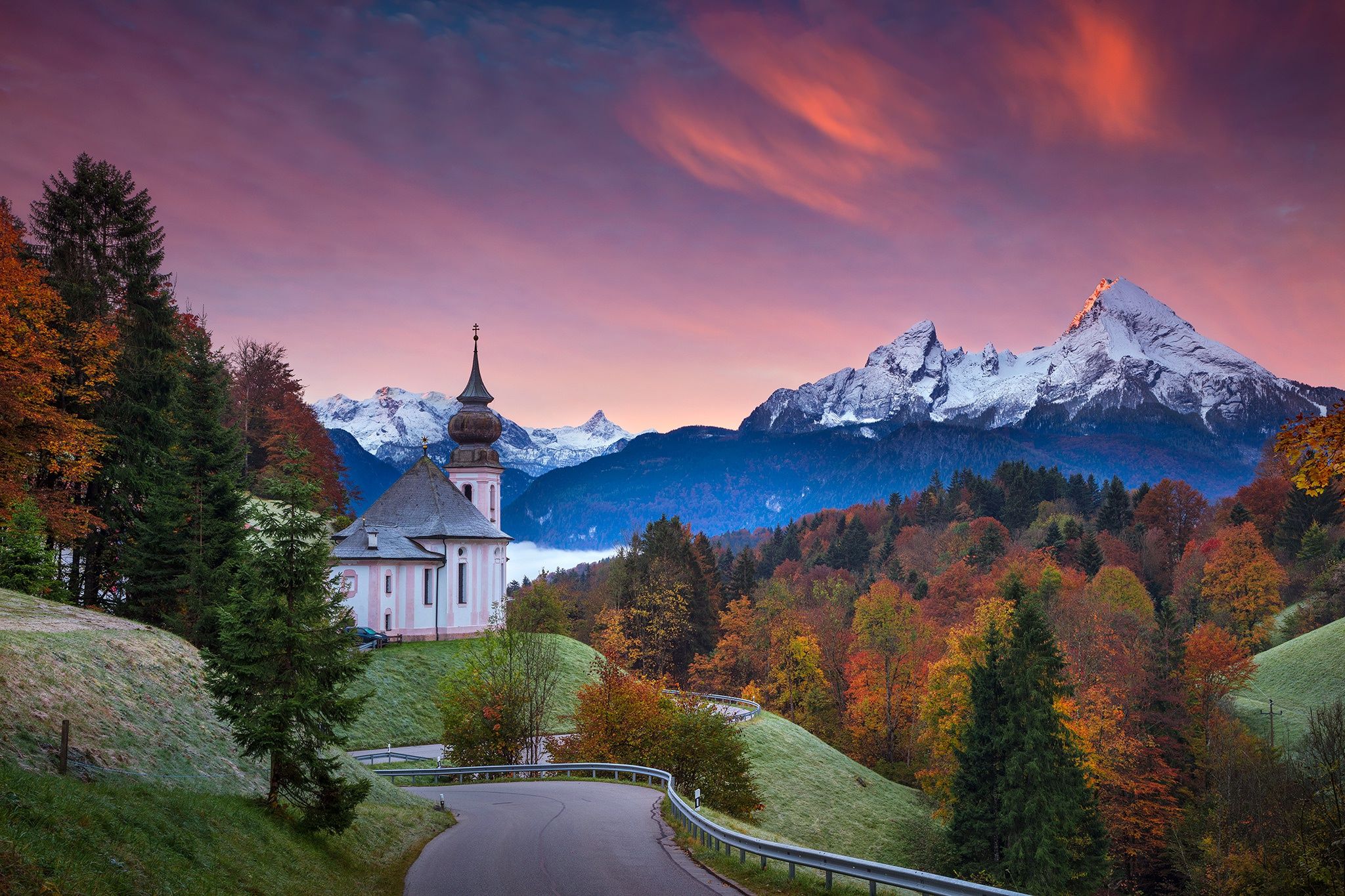 2048x1365 Wallpaper road, autumn, trees, sunset, Germany, Bayern, Church, Germany for mobile and desktop, section пейзажи, resolution 2048x1365