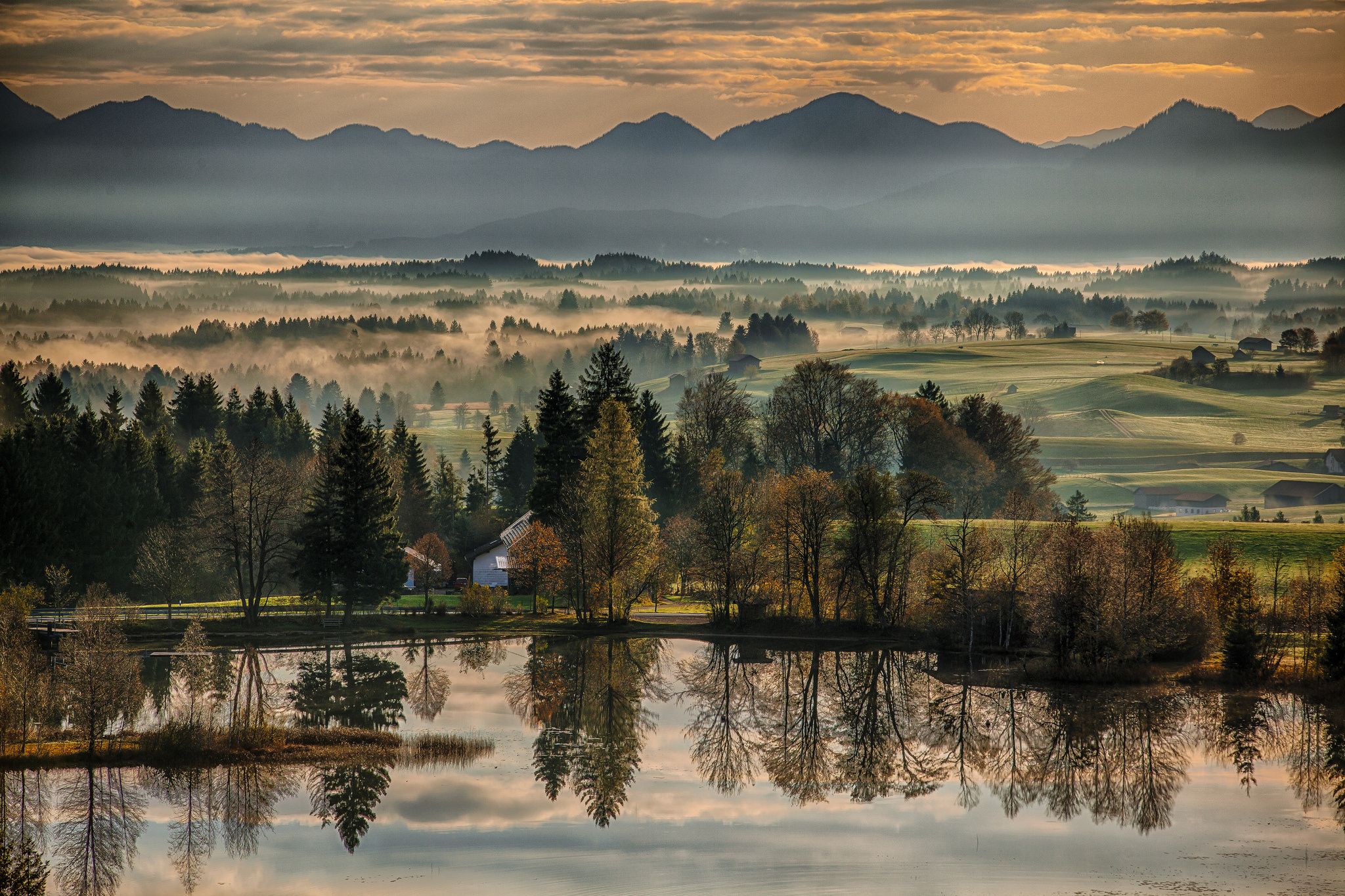 2048x1365 bavaria, Germany, Autumn, River, Morning, Dawn, Reflection, Trees, Mountains, Landscape Wallpaper HD / Desktop and Mobile Background