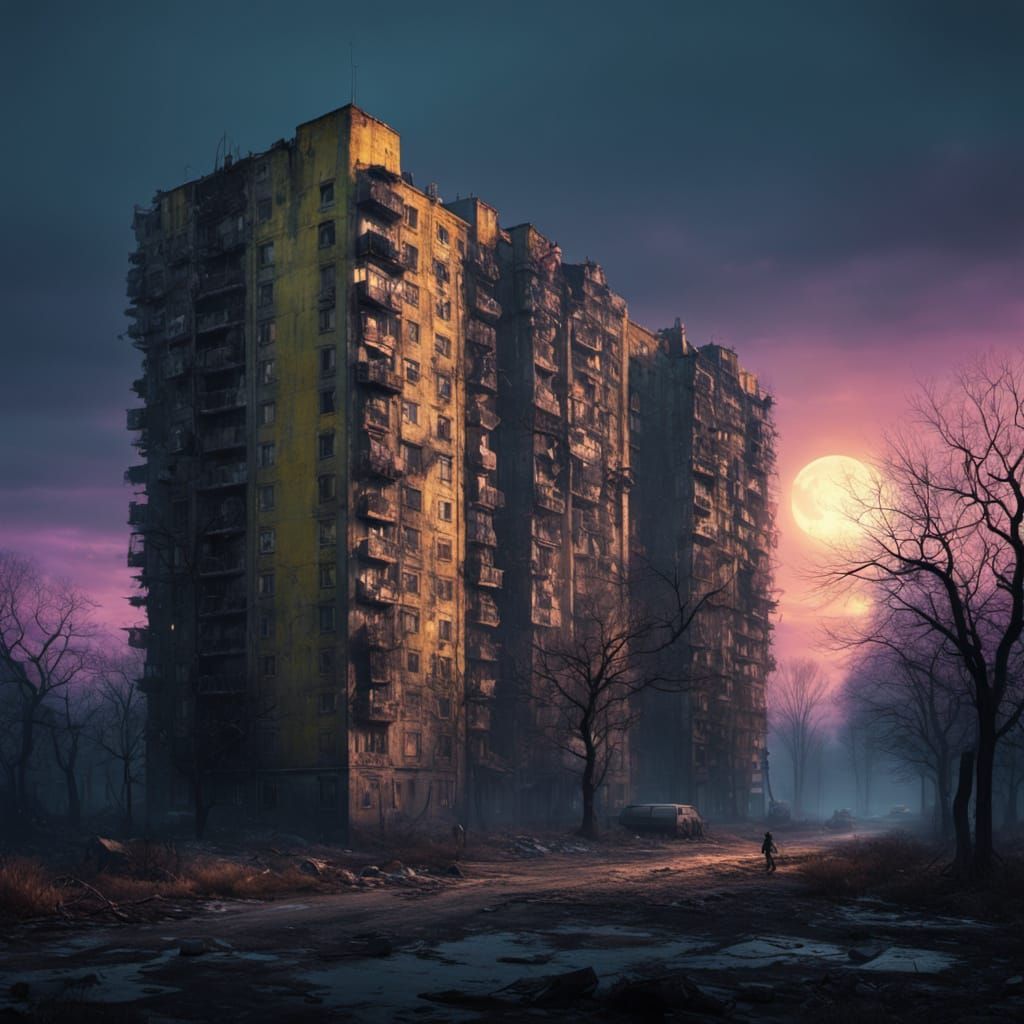 1024x1024 Doomer aesthetic Soviet Apartment Block in Dark