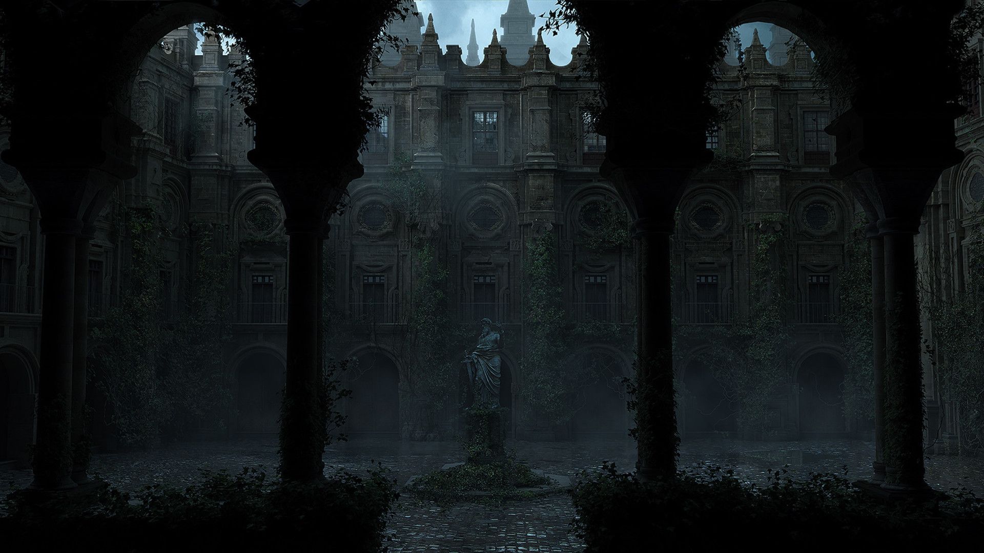 1920x1080 Desktop wallpaper: Dark, Building, Statue 4K free download for PC. 954717