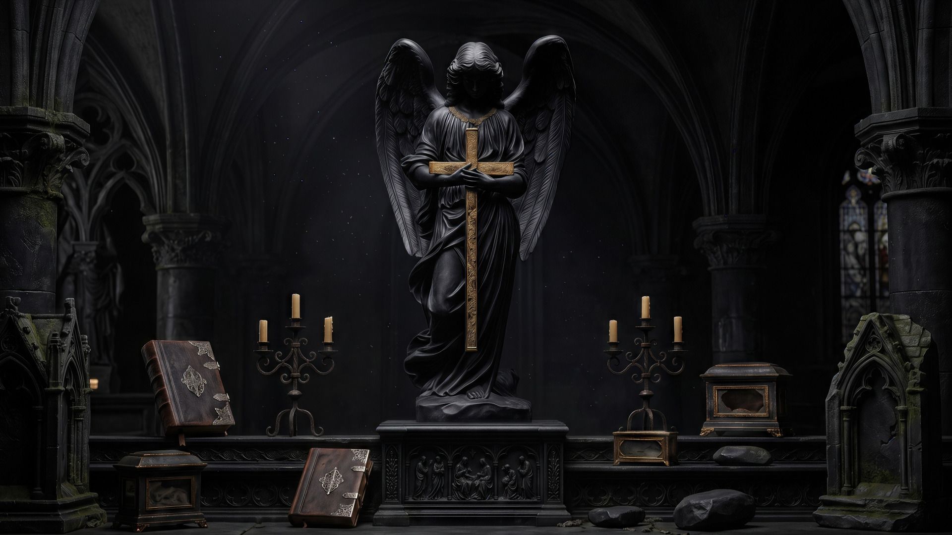 1920x1080 Gothic Angel Guardian in a Shadowed Cathedral Sanctuary