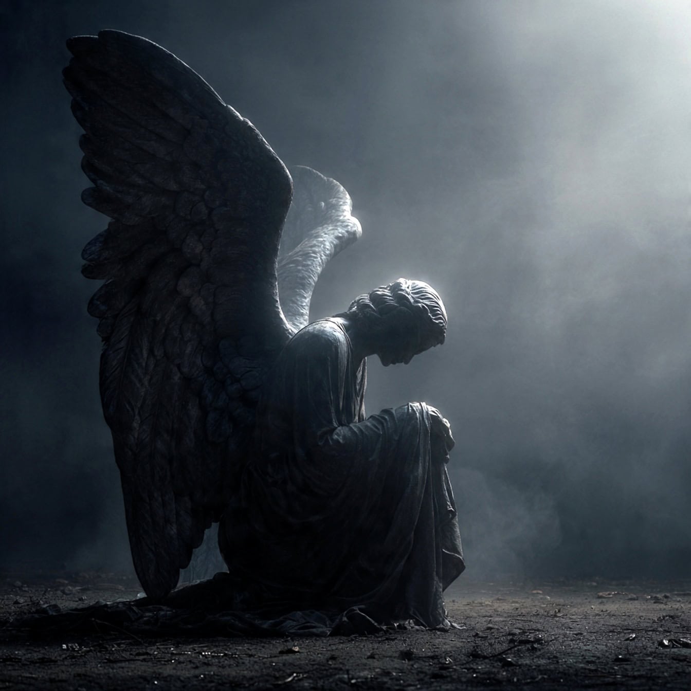 1344x1344 Free picture: A statue of an sorrow angel with wings in a dark scene with beams of light above it