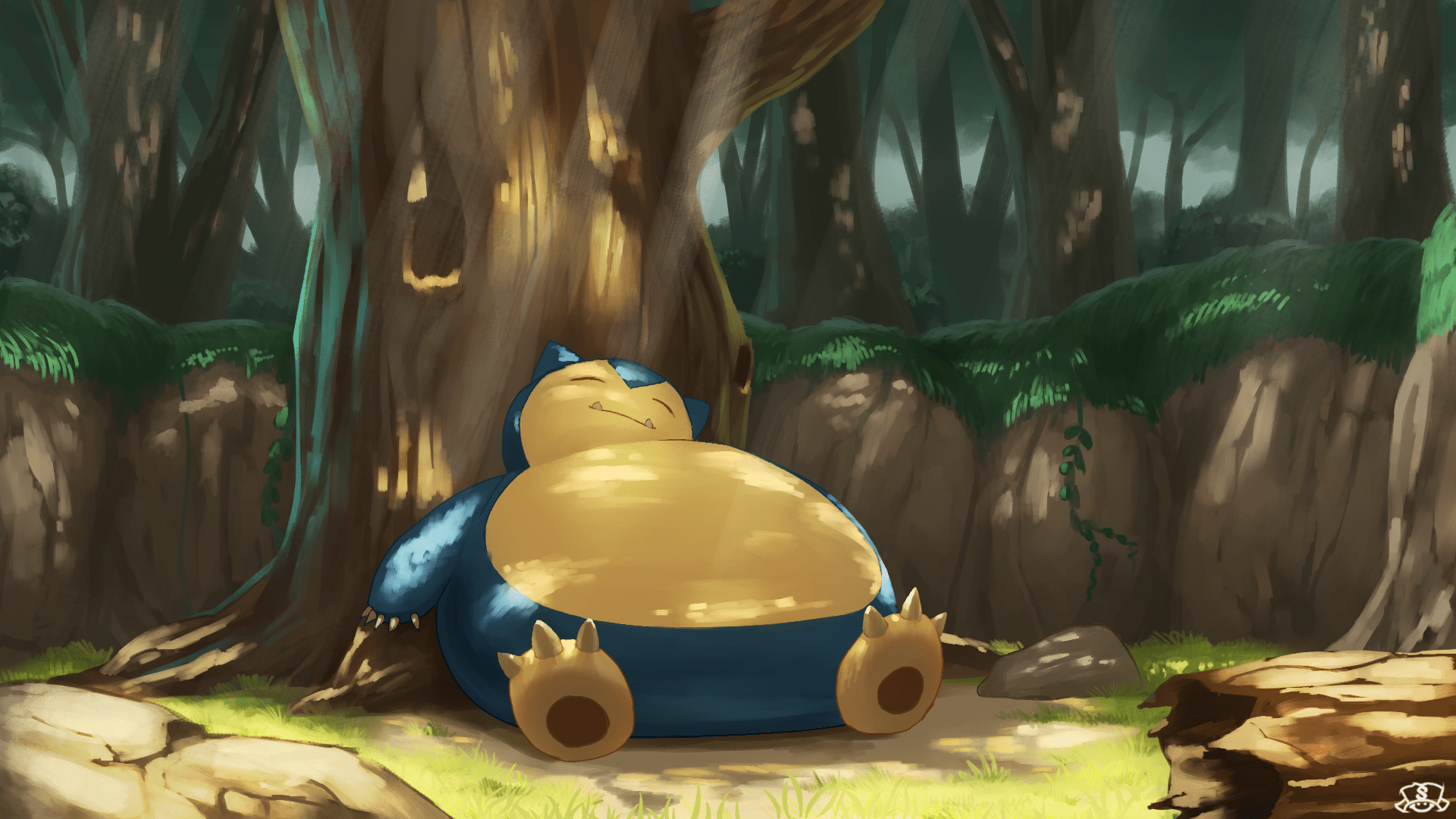1920x1080 Dreamy Snorlax Resting: HD Anime Pokémon Forest Scene by スペアリブx1080