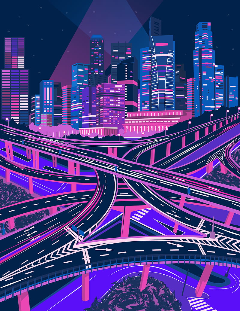 800x1035 Illustration, antographics, colorful, purple, Pink (artist), neon, glowing, cityscape, HD phone wallpaper