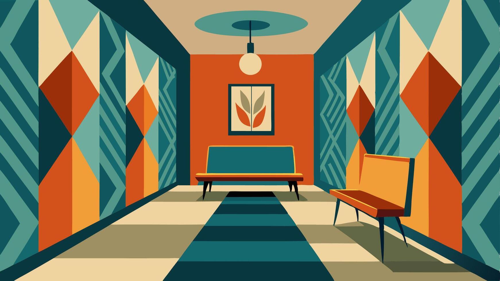 1742x980 A hallway with a retro wallpaper featuring geometric shapes and a midcentury modern bench