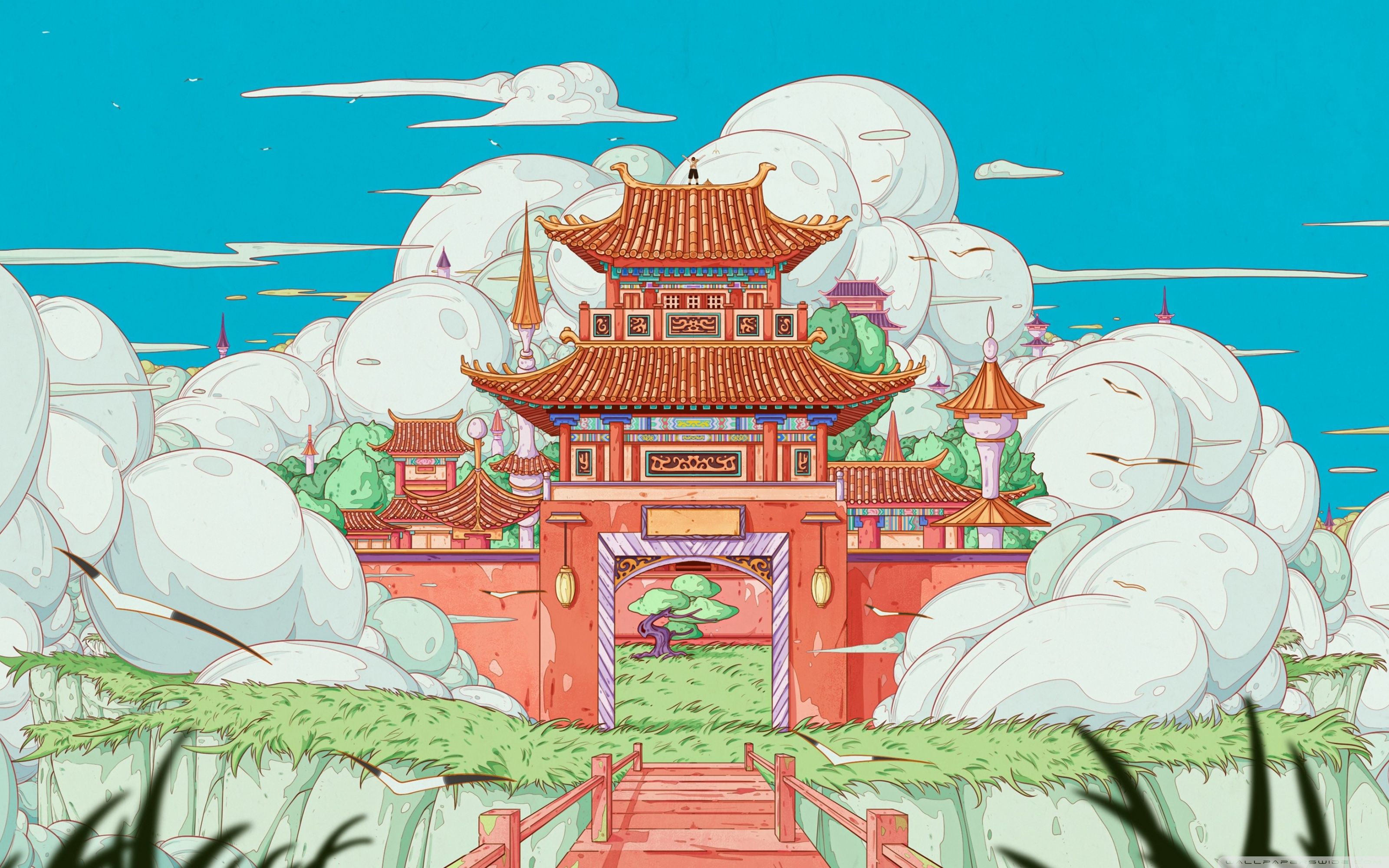 3200x2000 Colorful East Asian Temple Illustration 4K UHD Wallpaper for UltraHD Desktop and TV : Widescreen and UltraWide Display : Smartphone and Tablet Devices