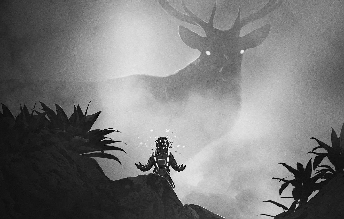 1332x850 Wallpaper The suit, People, Deer, Fantasy, Art, Animal, Black and white, Environments, Anupam Arts, by Anupam Arts, by Dawid Planeta, Mini People, Fight Against Depression, David Planet image for desktop, section фантастика