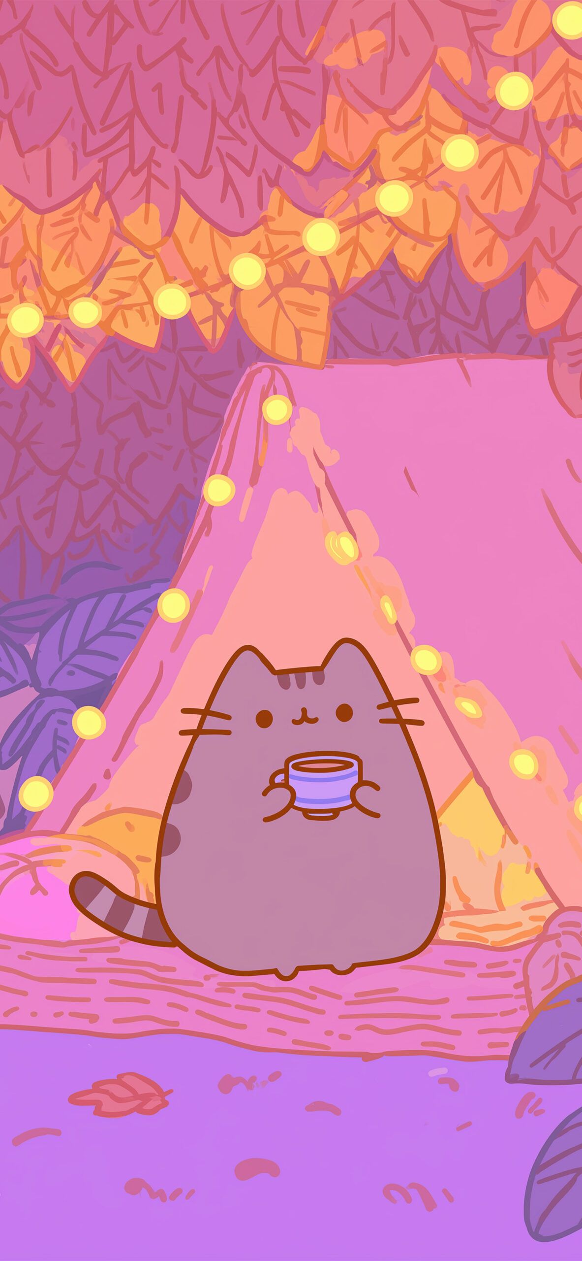 1183x2560 Pusheen Cute Camping Aesthetic Autumn Wallpaper