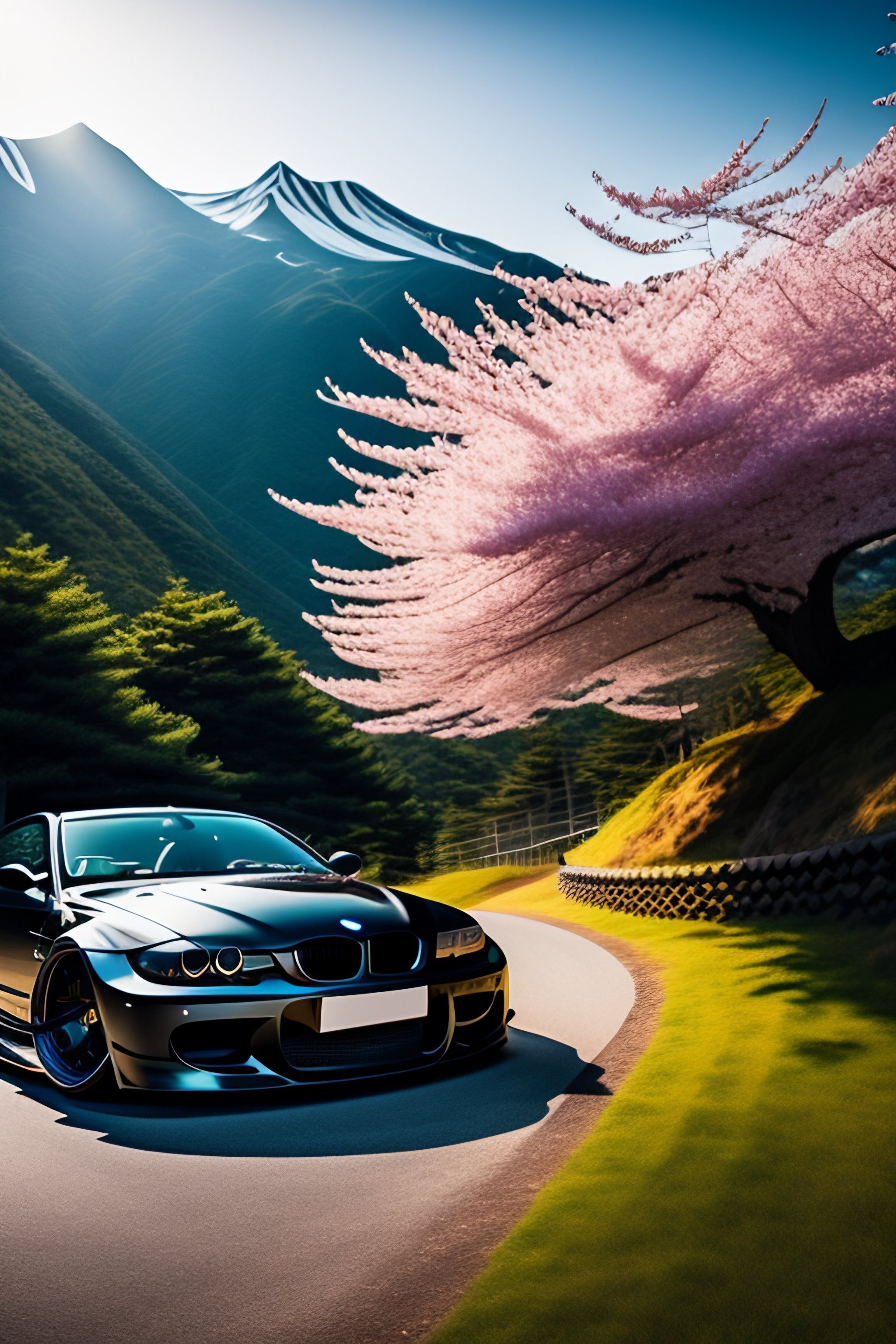 2048x3072 Lexica e46 bmw, stock, drifting in the Japanese mountains, cherry blossoms in the background