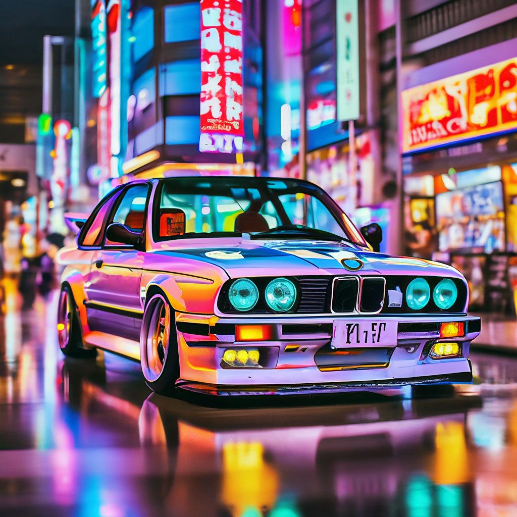 1024x1024 Bmw m3 E Japan with neon signs in the background