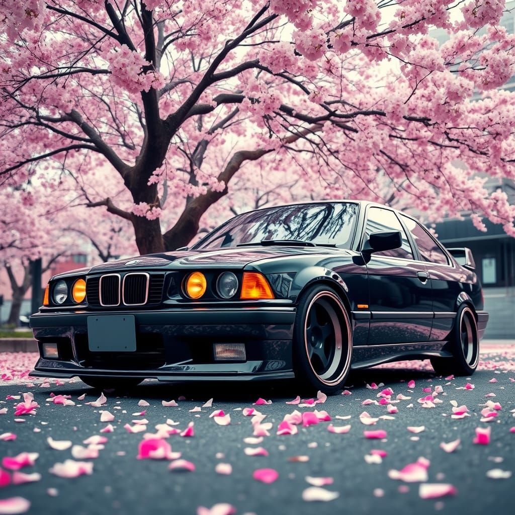 1024x1024 BMW E36 Modified Car Amidst Vibrant Sakura Blossom